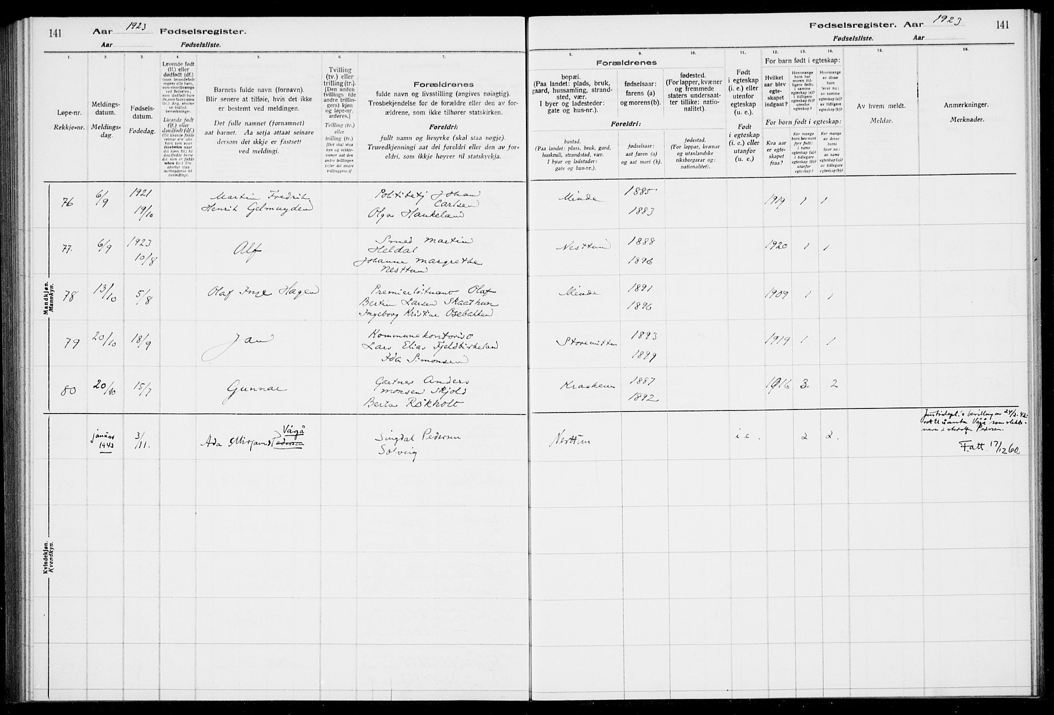 Birkeland Sokneprestembete, AV/SAB-A-74601/I/Id/L00A1: Fødselsregister nr. A 1, 1916-1926, s. 141