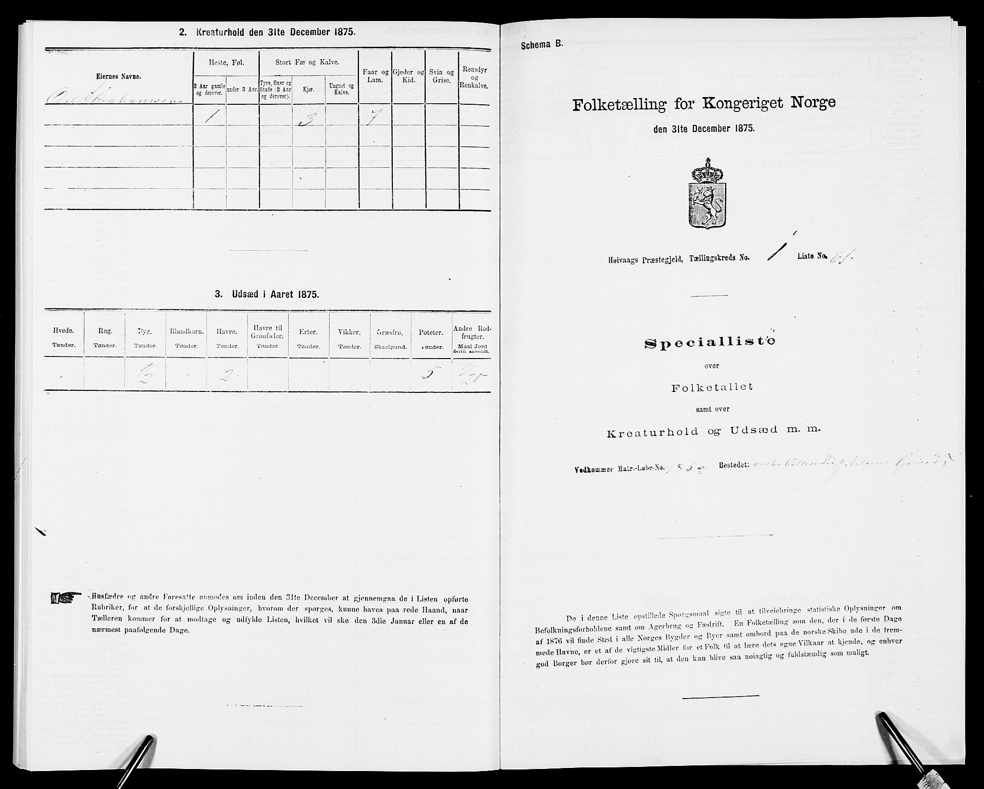 SAK, Folketelling 1875 for 0927P Høvåg prestegjeld, 1875, s. 163