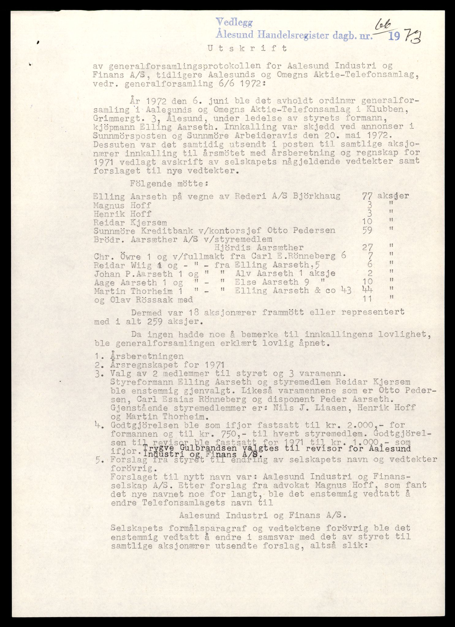 Ålesund sorenskriveri, SAT/A-4383/2/J/Jd/Jde/L0079: Bilag. Aksjeselskap og andelslag Ålesund I - Ålesund S, 1909-1989, s. 3