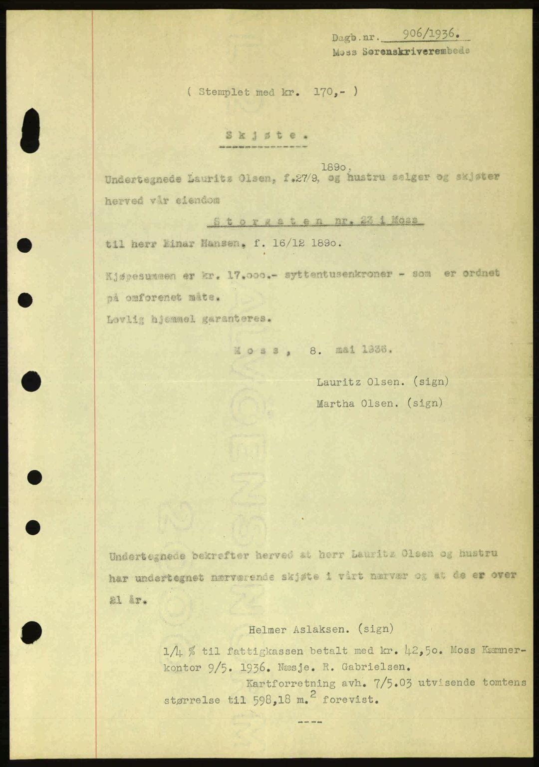 Moss sorenskriveri, SAO/A-10168: Pantebok nr. A1, 1936-1936, Dagboknr: 906/1936