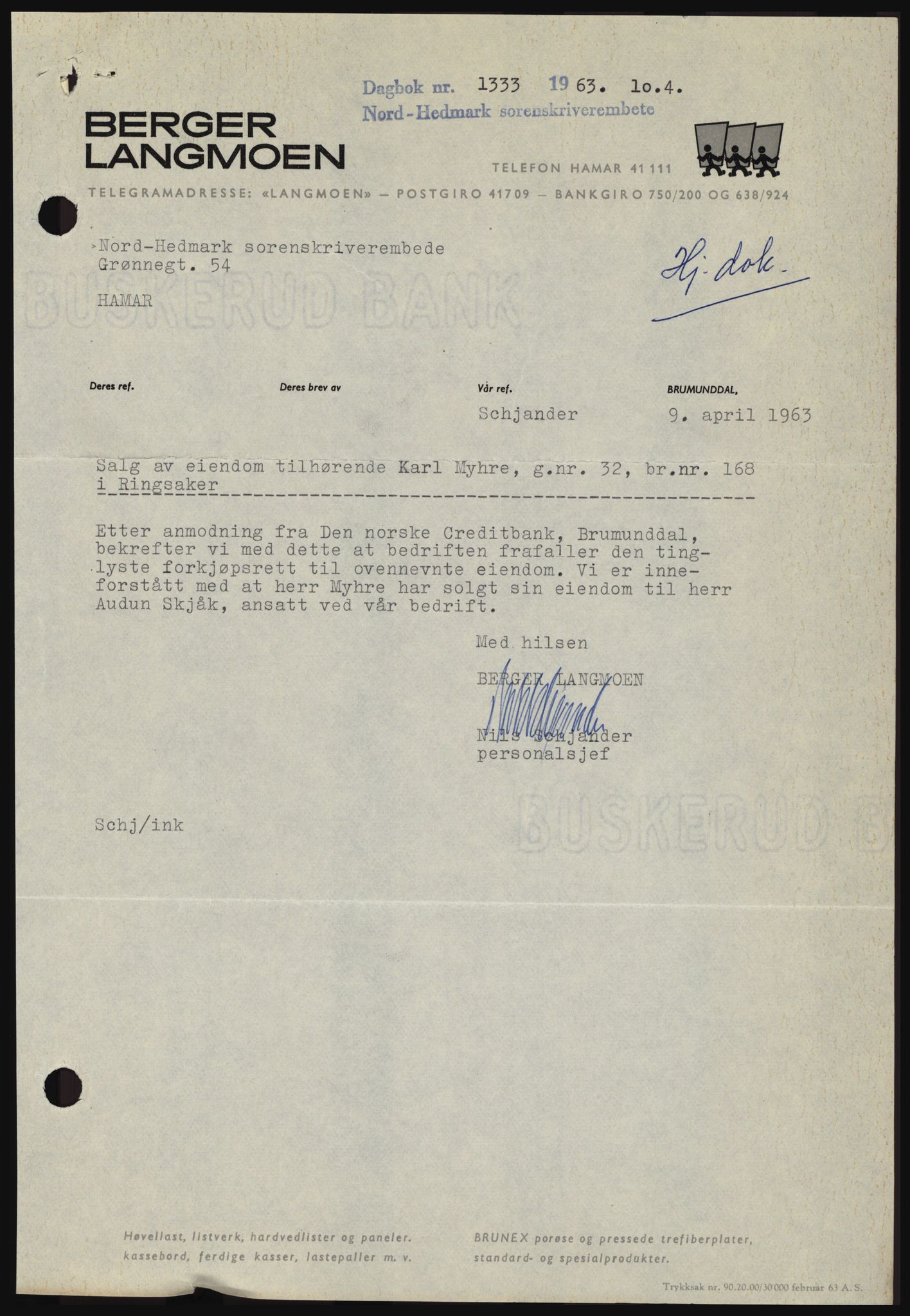 Nord-Hedmark sorenskriveri, SAH/TING-012/H/Hc/L0017: Pantebok nr. 17, 1962-1963, Dagboknr: 1333/1963