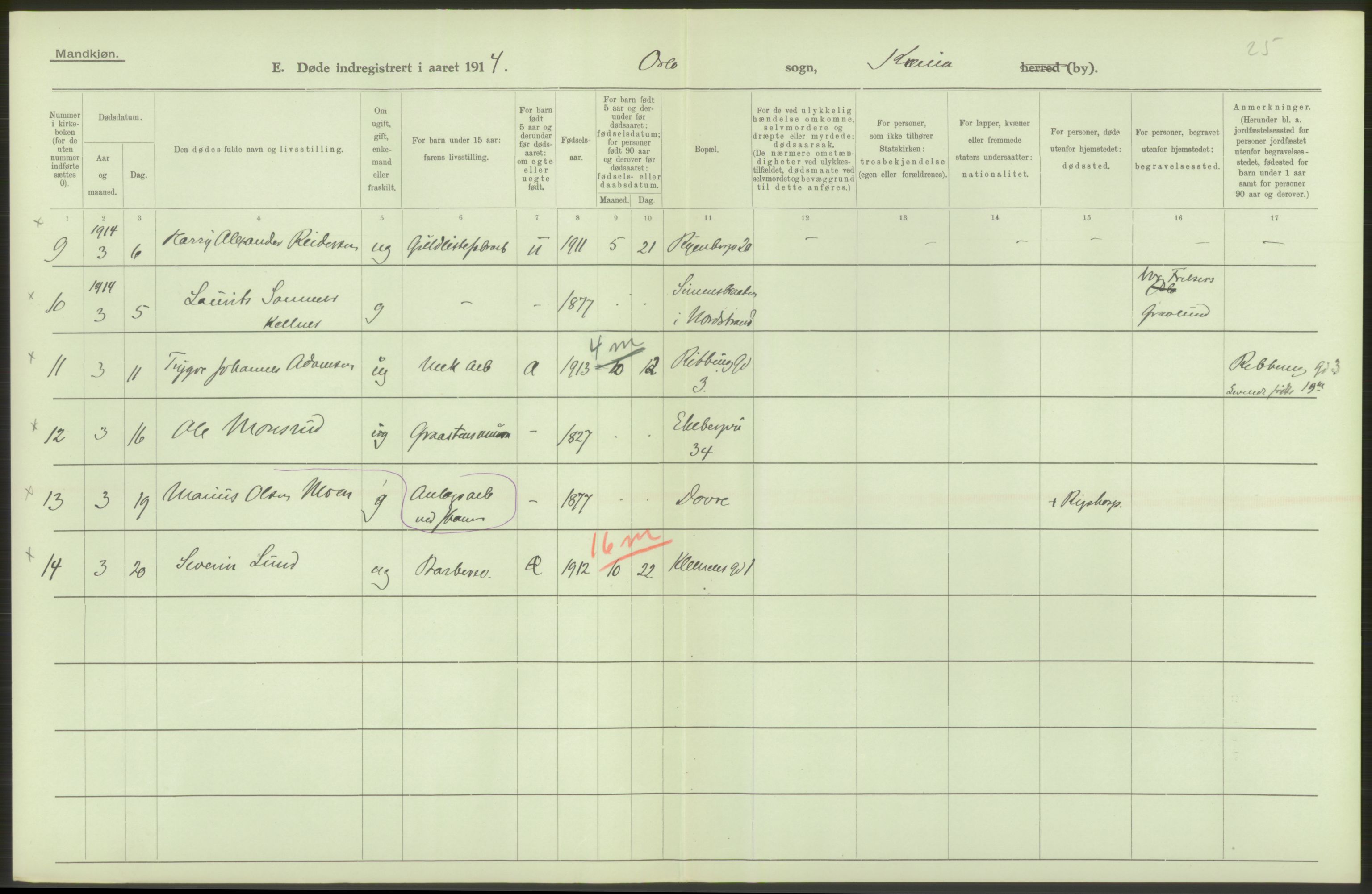 Statistisk sentralbyrå, Sosiodemografiske emner, Befolkning, AV/RA-S-2228/D/Df/Dfb/Dfbd/L0008: Kristiania: Døde, 1914, s. 138