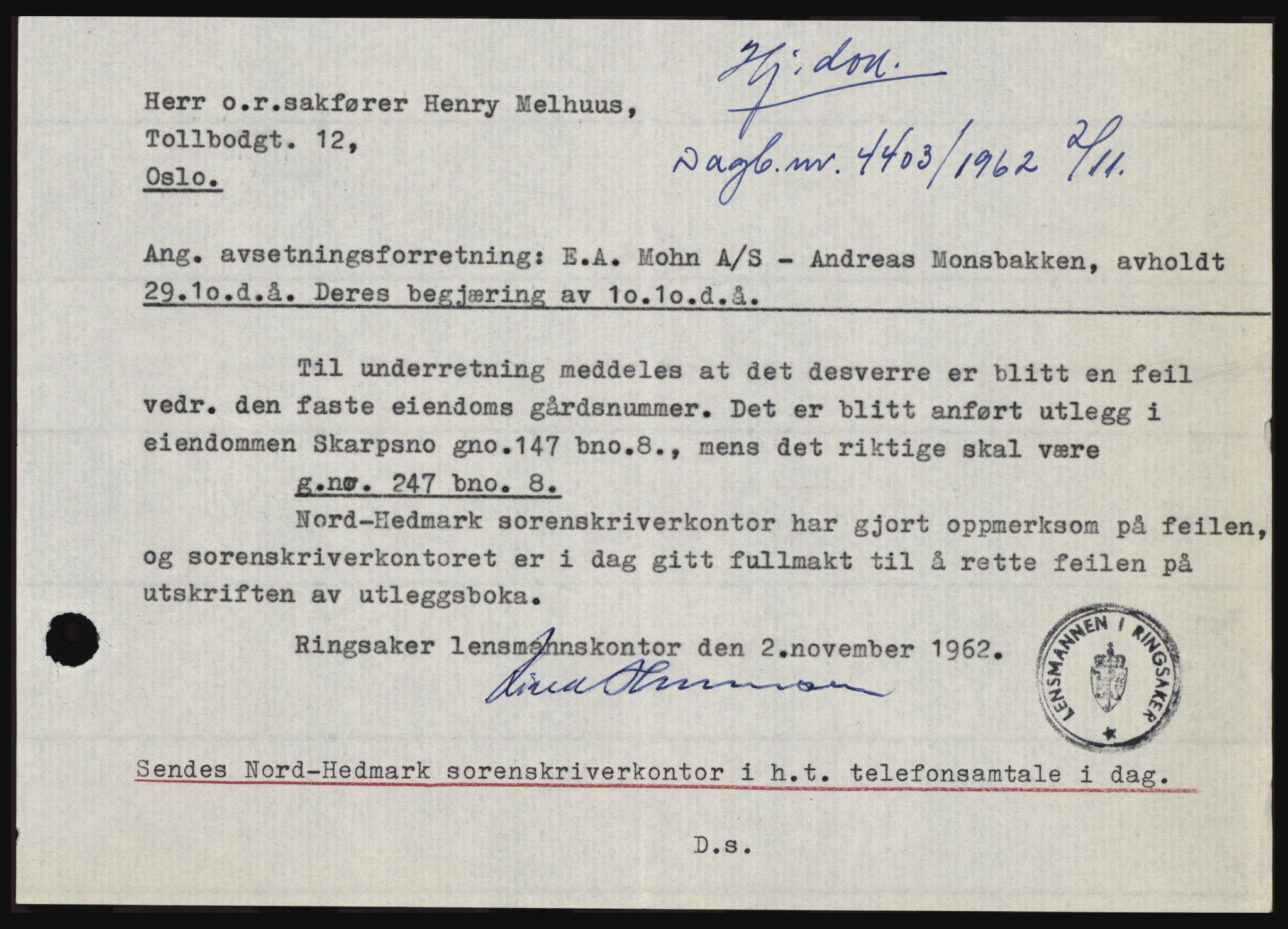 Nord-Hedmark sorenskriveri, SAH/TING-012/H/Hc/L0017: Pantebok nr. 17, 1962-1963, Dagboknr: 4403/1962
