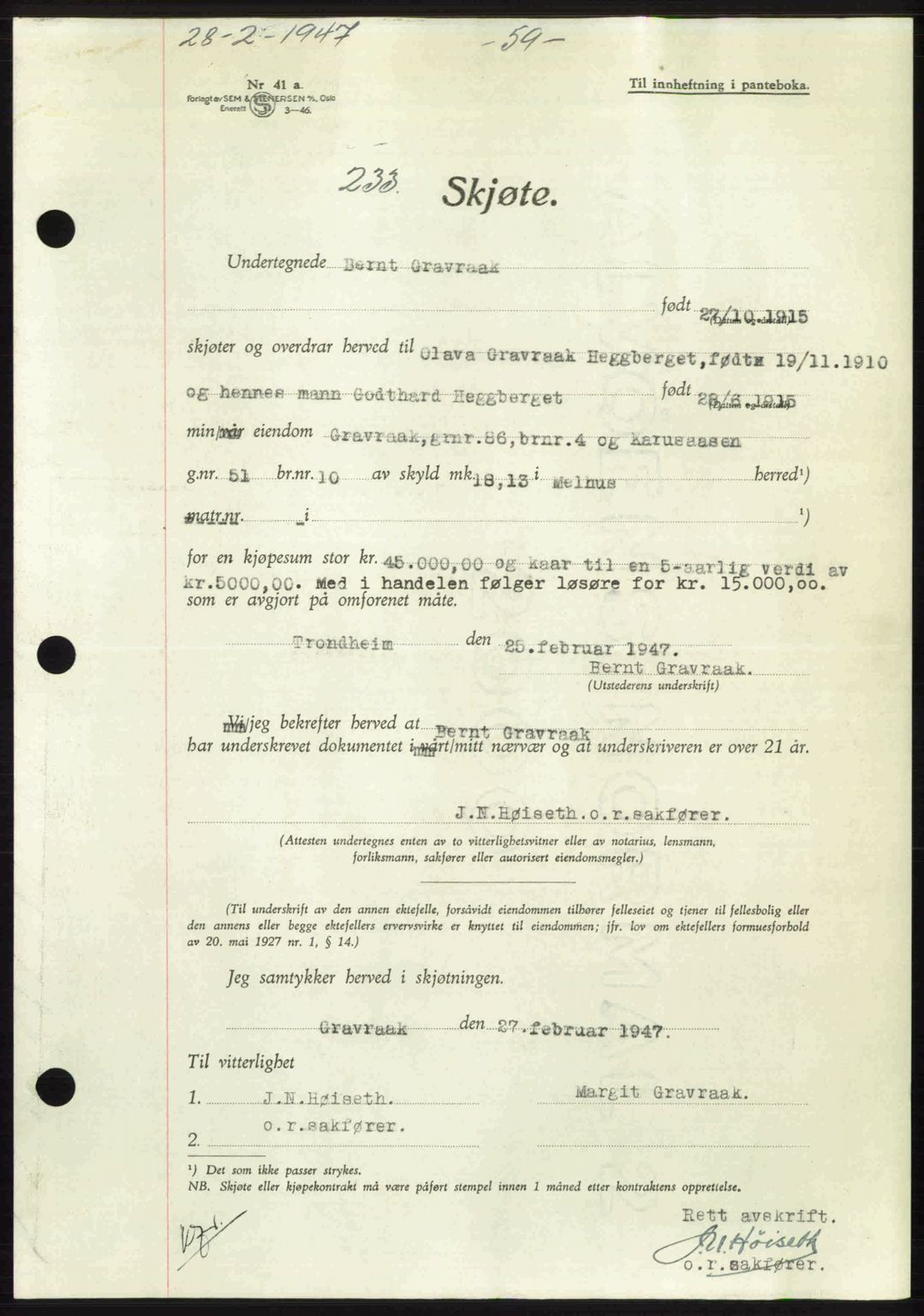 Gauldal sorenskriveri, SAT/A-0014/1/2/2C: Pantebok nr. A3, 1947-1947, Dagboknr: 233/1947