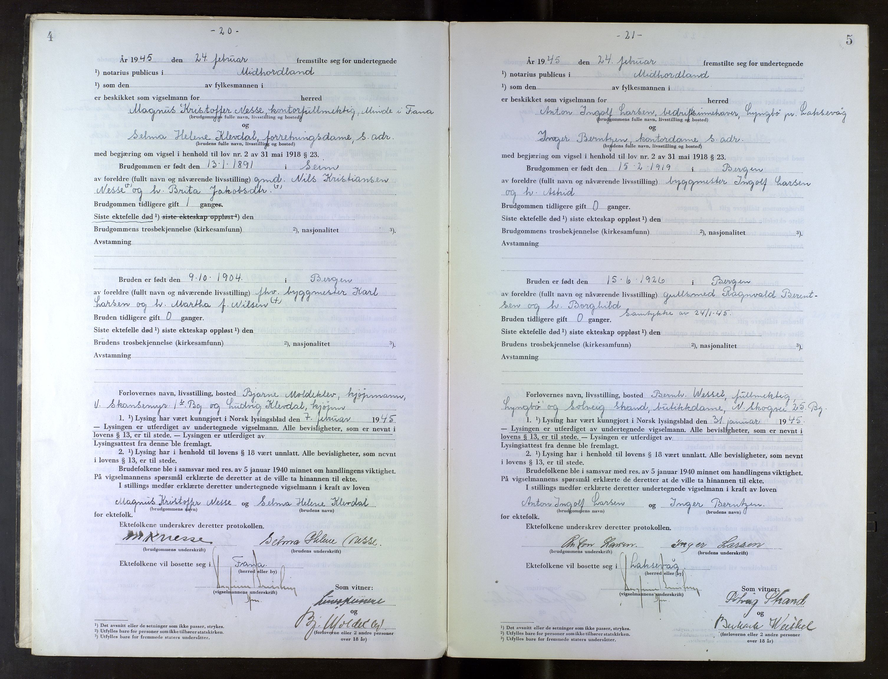 Midhordland sorenskriveri, AV/SAB-A-3001/1/M/Mc/Mca/L0007: Notarialbilag. Vigselbøker, 1945-1948, s. 4-5