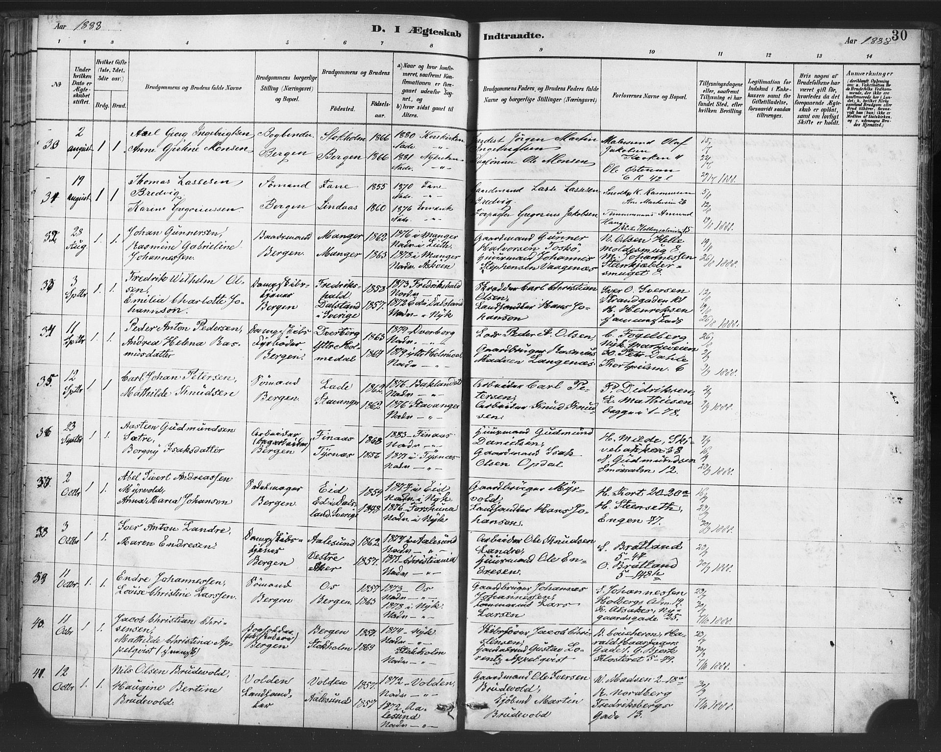 Nykirken Sokneprestembete, AV/SAB-A-77101/H/Haa/L0033: Ministerialbok nr. D 3, 1884-1895, s. 30