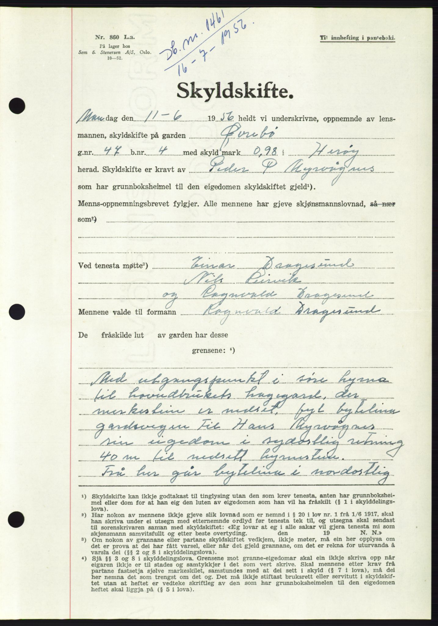 Søre Sunnmøre sorenskriveri, AV/SAT-A-4122/1/2/2C/L0104: Pantebok nr. 30A, 1956-1956, Dagboknr: 1461/1956