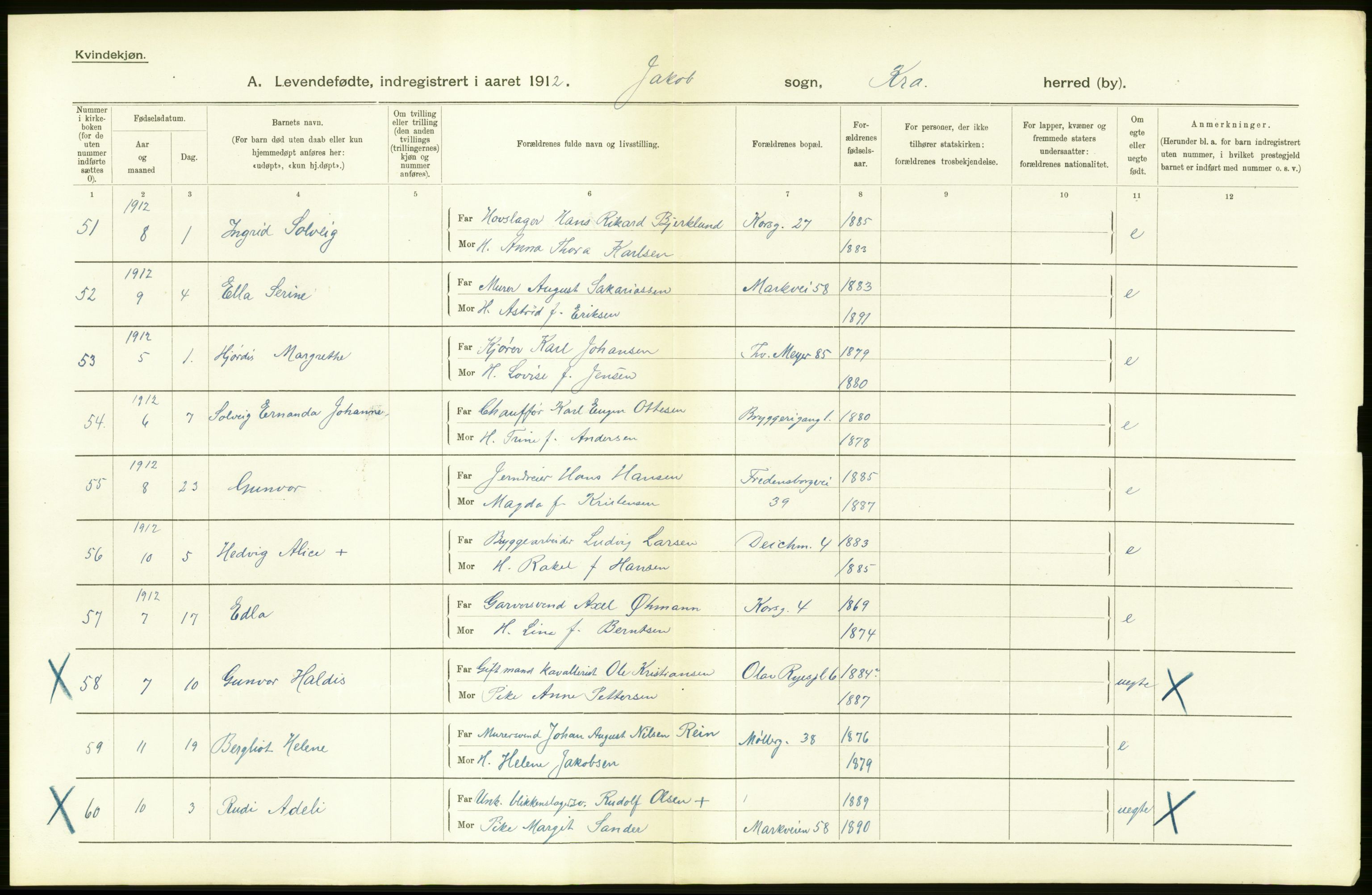 Statistisk sentralbyrå, Sosiodemografiske emner, Befolkning, AV/RA-S-2228/D/Df/Dfb/Dfbb/L0006: Kristiania:  Levendefødte menn og kvinner., 1912, s. 24