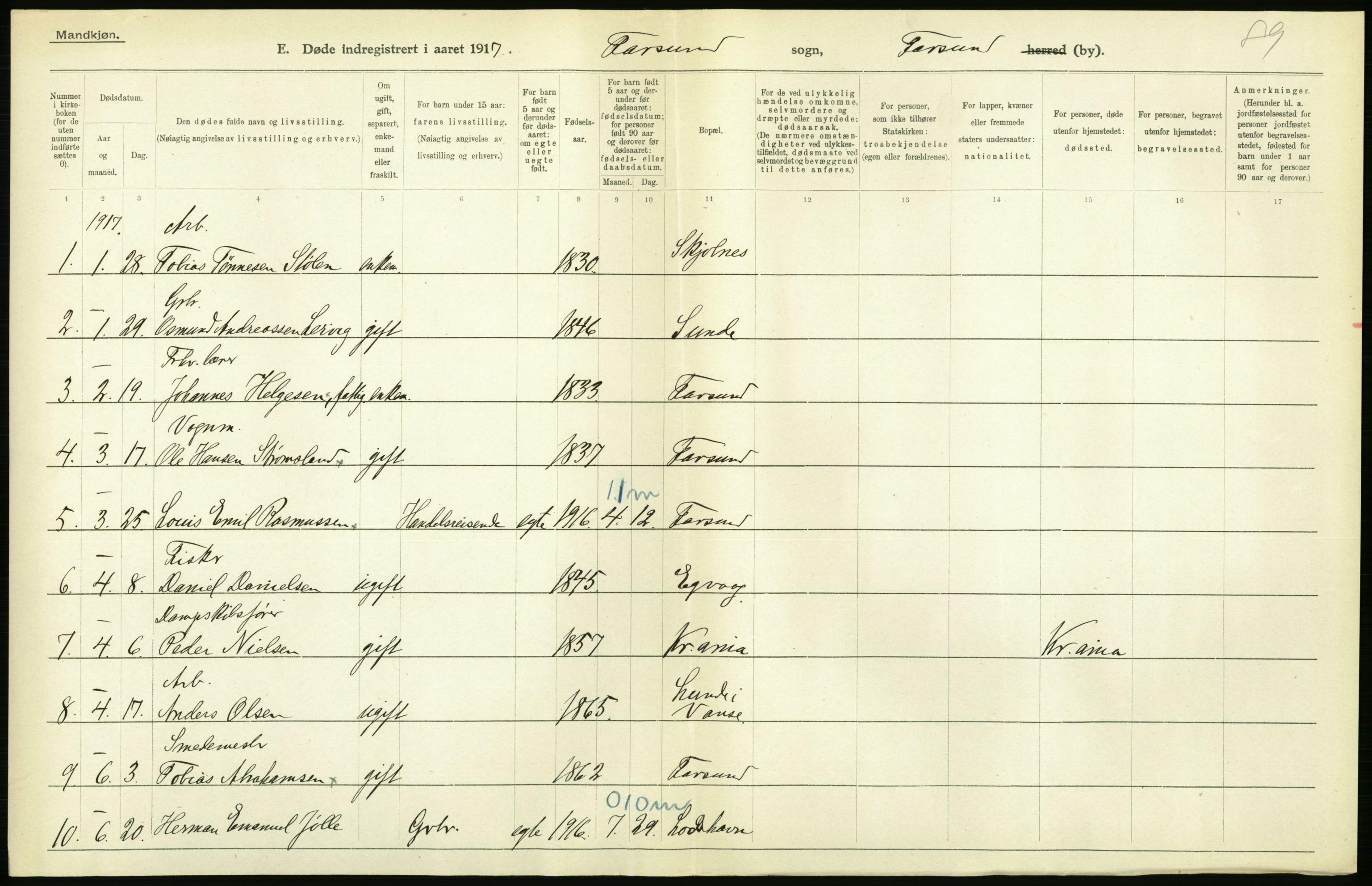 Statistisk sentralbyrå, Sosiodemografiske emner, Befolkning, AV/RA-S-2228/D/Df/Dfb/Dfbg/L0030: Lister og Mandals amt: Gifte, døde, dødfødte. Bygder og byer., 1917, s. 276