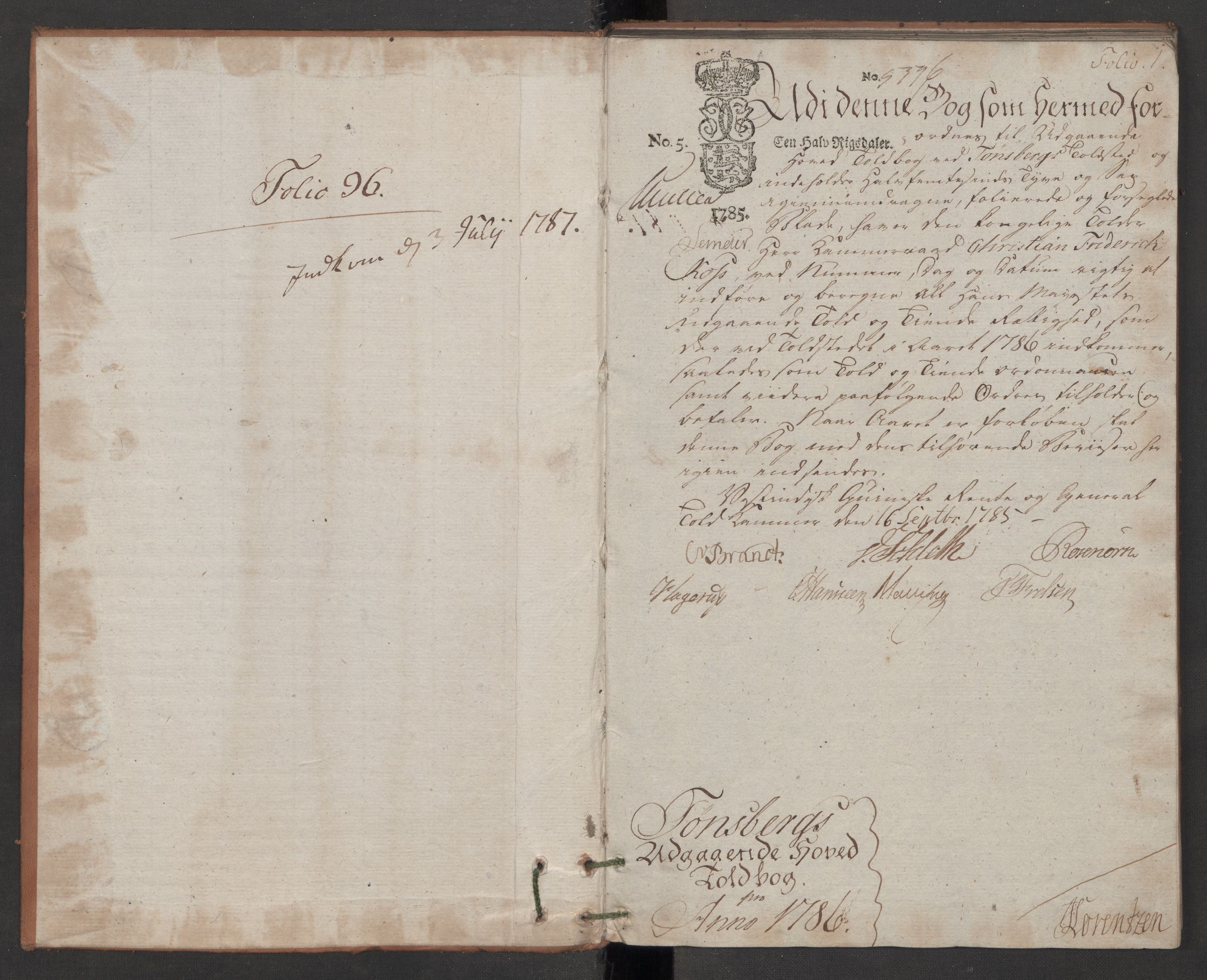 Generaltollkammeret, tollregnskaper, AV/RA-EA-5490/R10/L0048/0002: Tollregnskaper Tønsberg / Utgående hovedtollbok, 1786, s. 1a