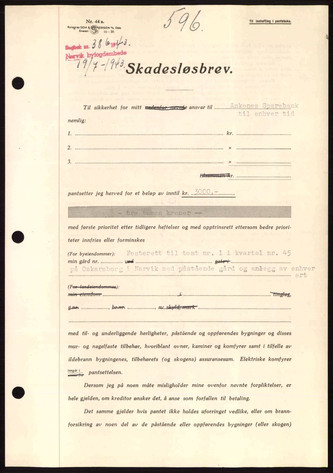 Narvik sorenskriveri, SAT/A-0002/1/2/2C/2Ca: Pantebok nr. A19, 1942-1943, Dagboknr: 386/1943