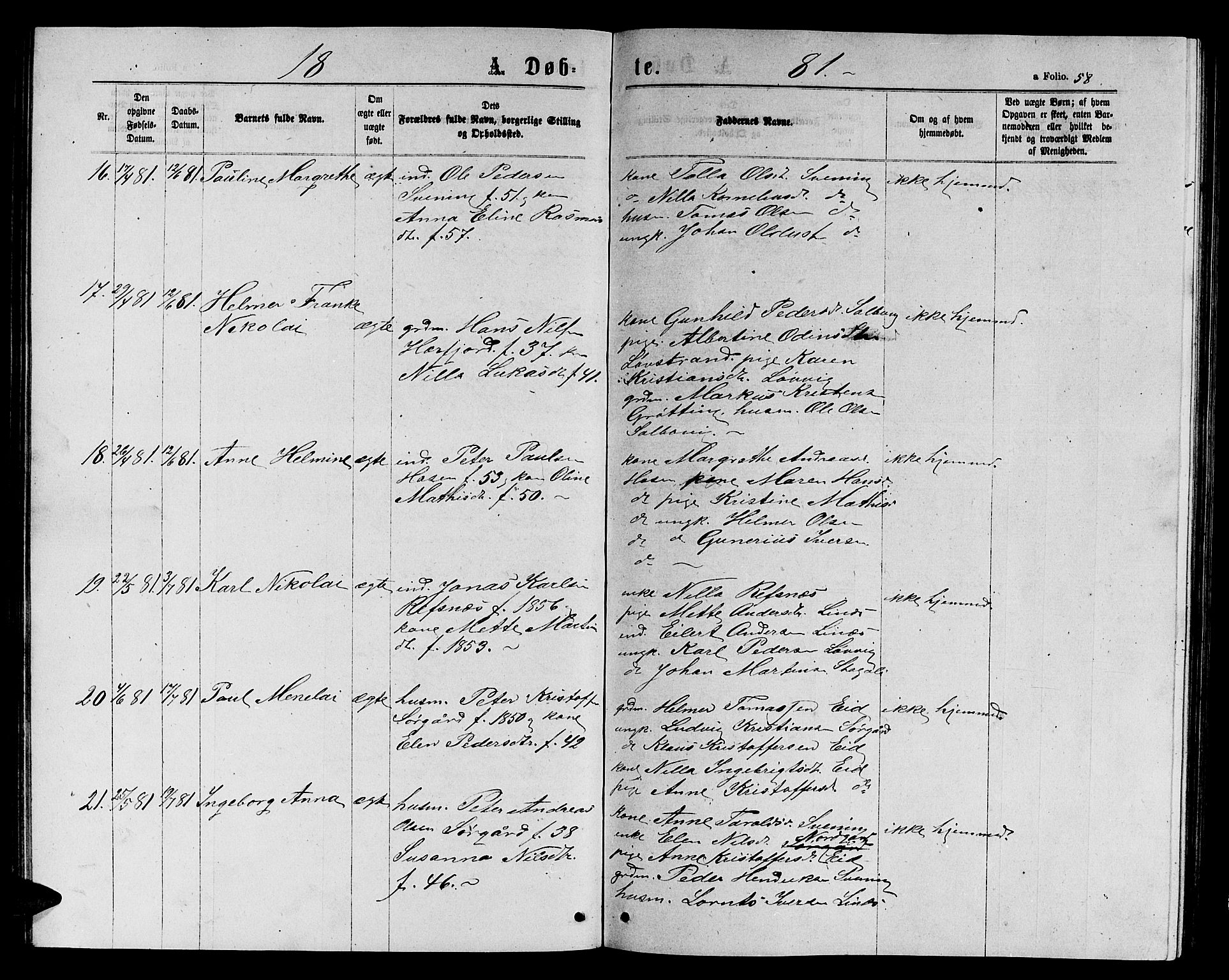 Ministerialprotokoller, klokkerbøker og fødselsregistre - Sør-Trøndelag, AV/SAT-A-1456/656/L0695: Klokkerbok nr. 656C01, 1867-1889, s. 58