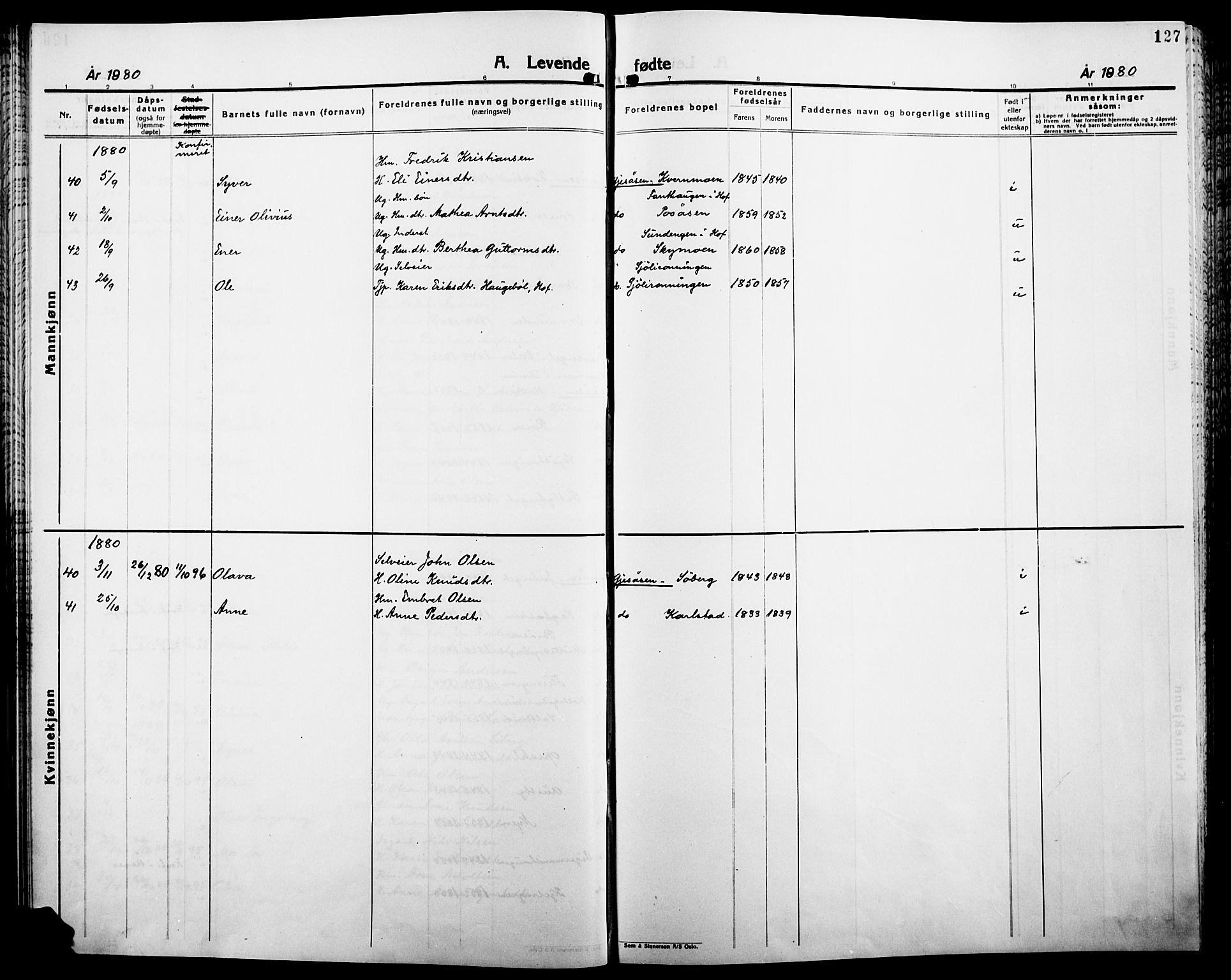 Åsnes prestekontor, AV/SAH-PREST-042/H/Ha/Haa/L0000B: Ministerialbok, 1870-1889, s. 127