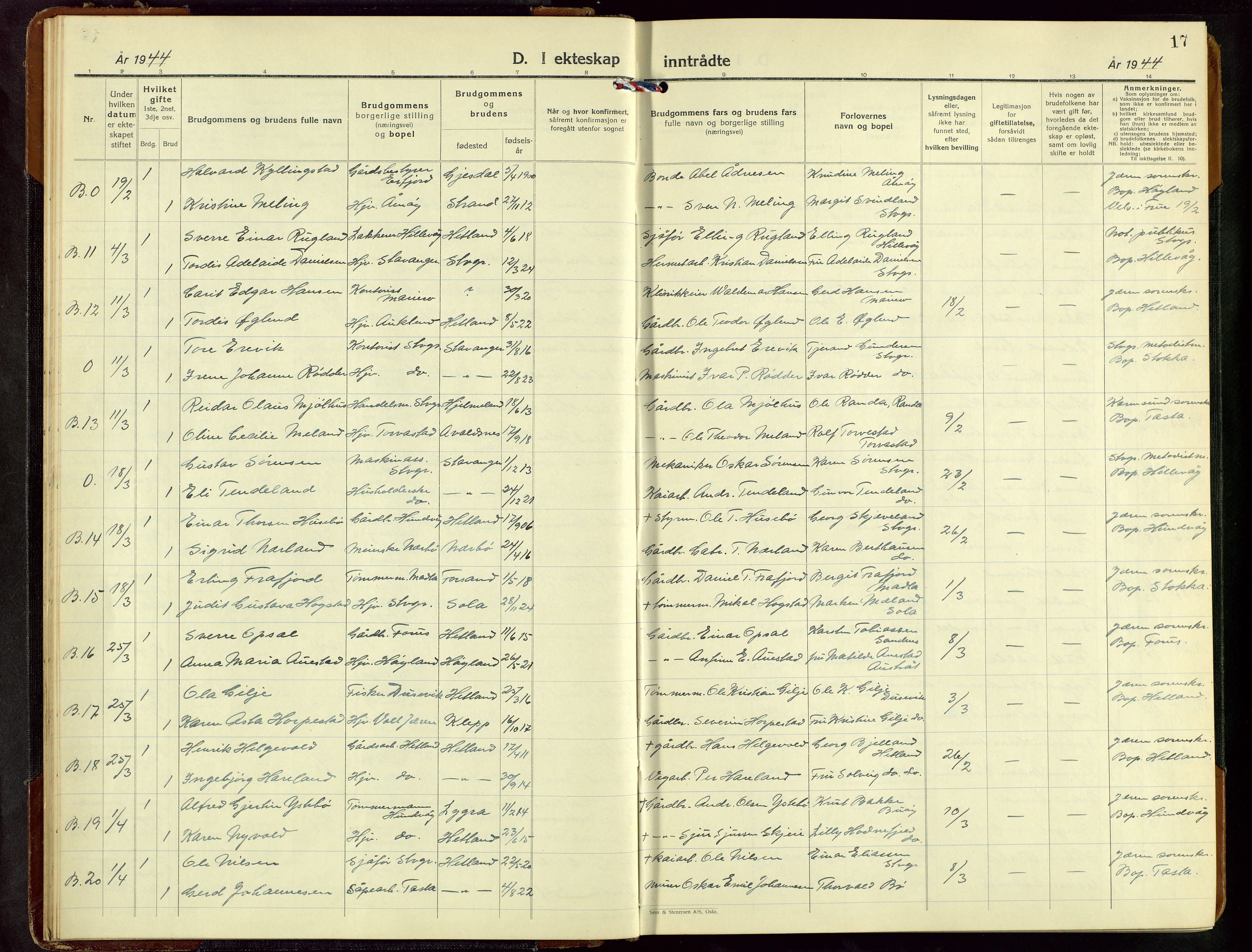 Hetland sokneprestkontor, AV/SAST-A-101826/30/30BB/L0016: Klokkerbok nr. B 16, 1942-1960, s. 17