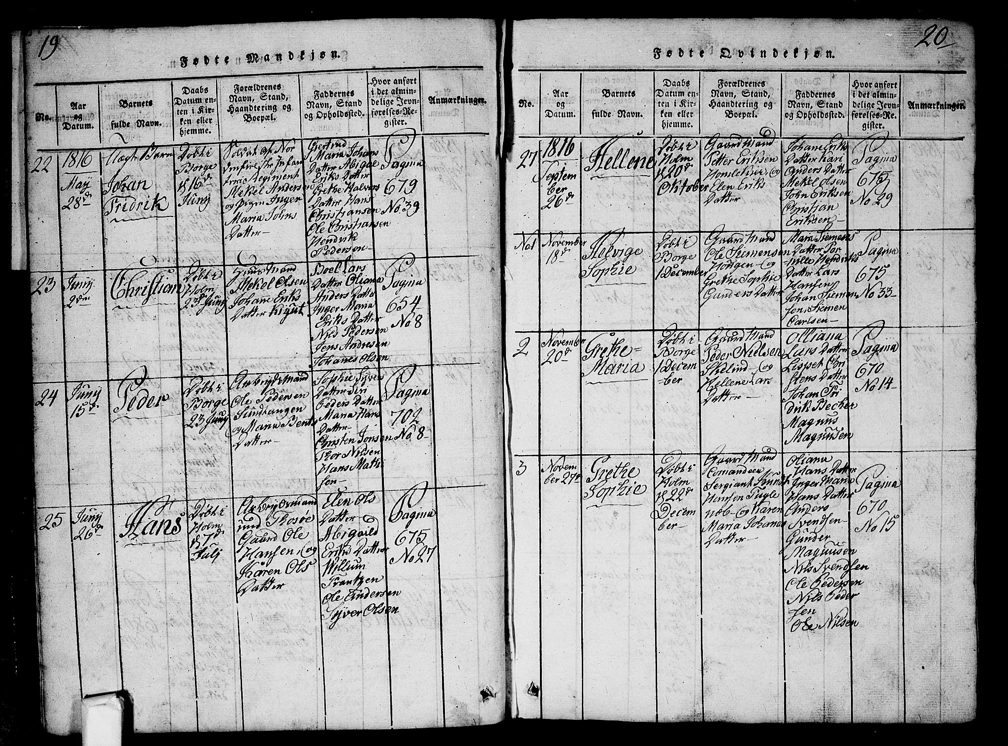 Borge prestekontor Kirkebøker, SAO/A-10903/G/Ga/L0001: Klokkerbok nr.  I 1, 1815-1835, s. 19-20