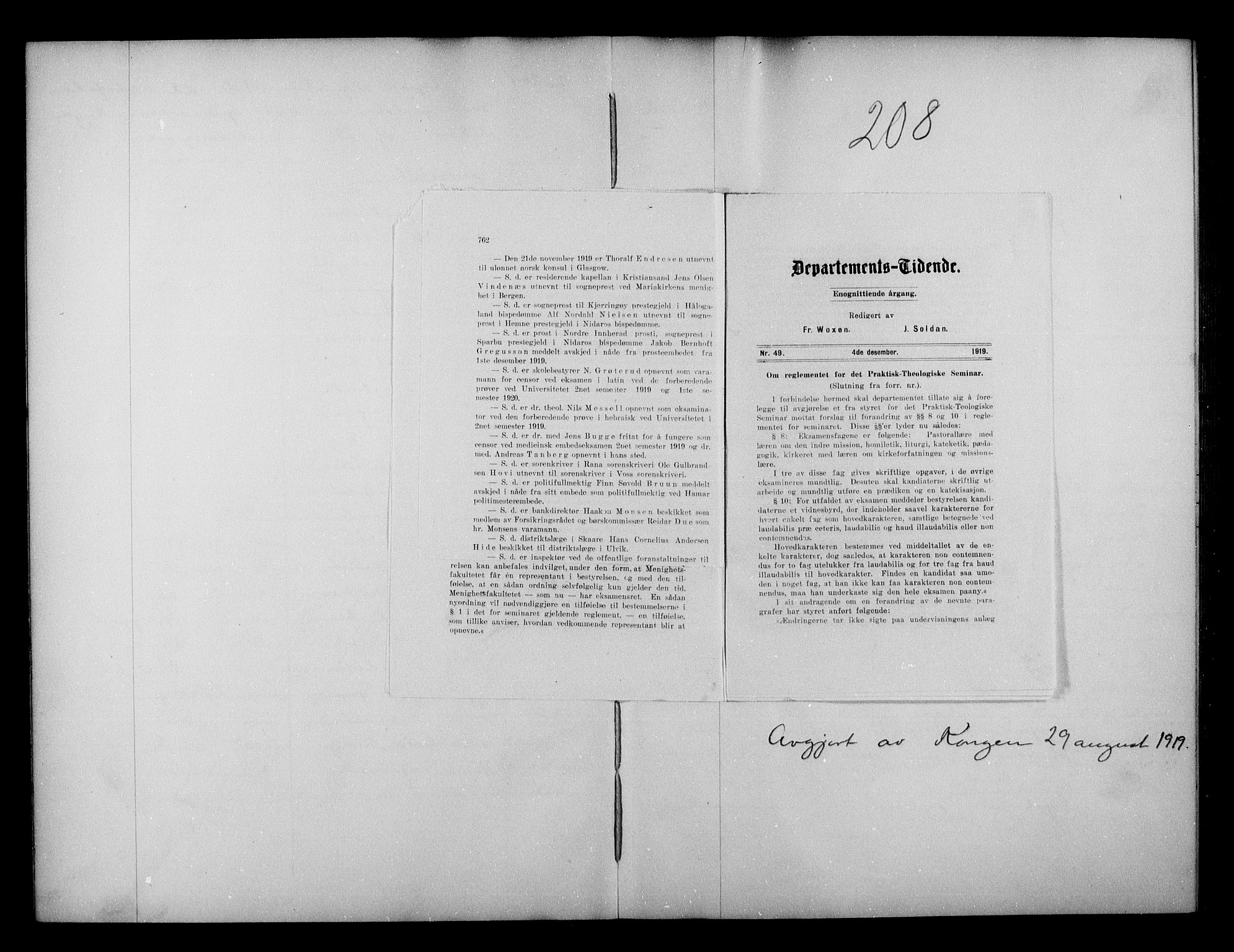 Kirke- og undervisningsdepartementet, Kontoret  for kirke og geistlighet A, AV/RA-S-1007/A/Aa/L0329: Referatprotokoll bd. 2. Ref.nr. 206-315, 1919
