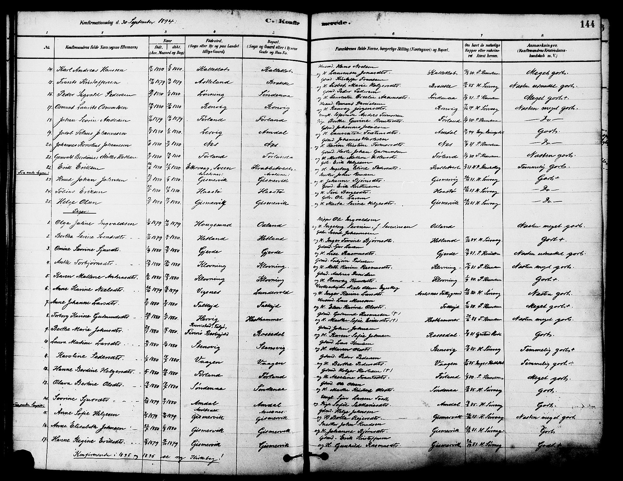 Tysvær sokneprestkontor, AV/SAST-A -101864/H/Ha/Haa/L0006: Ministerialbok nr. A 6, 1878-1896, s. 144