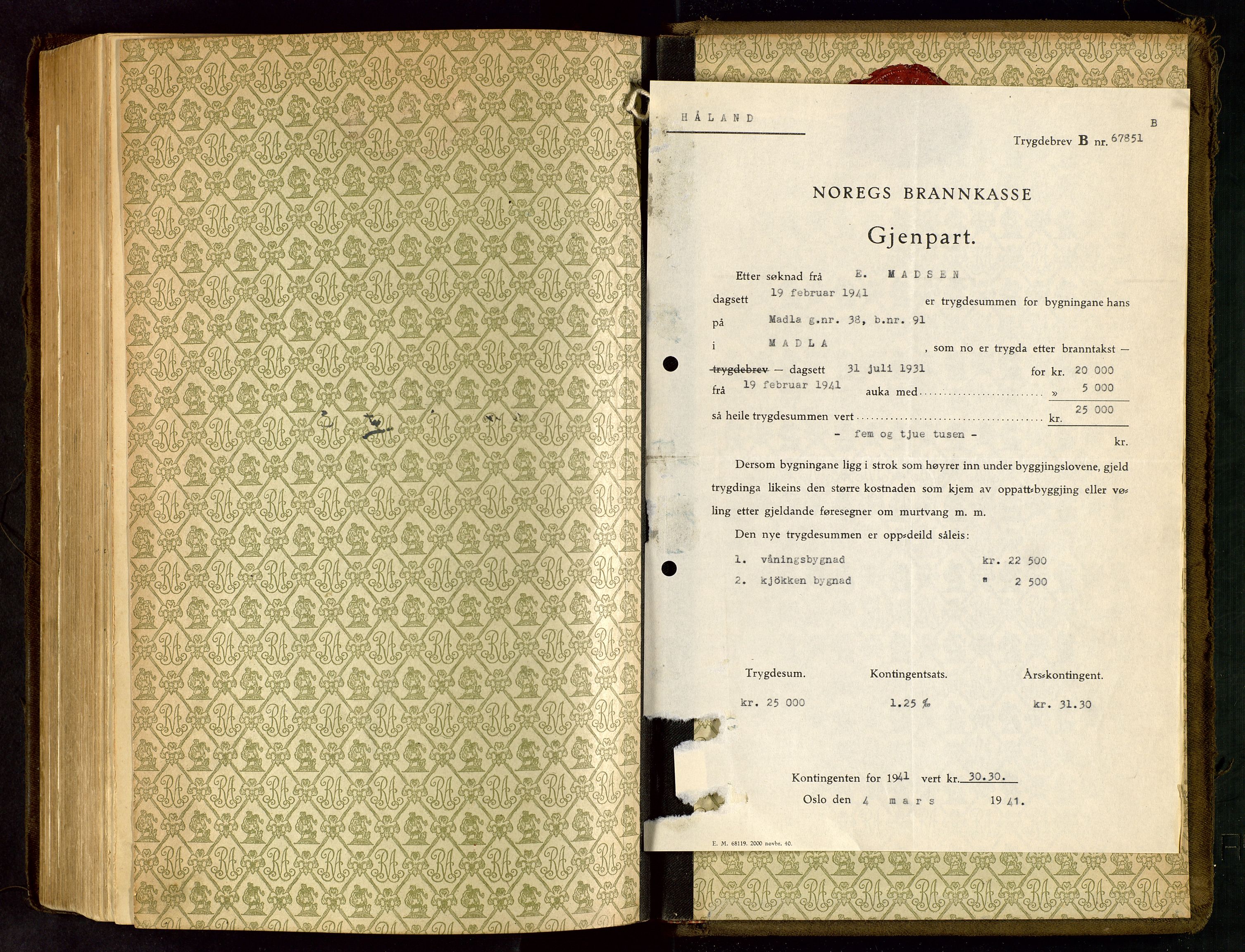 Håland lensmannskontor, SAST/A-100100/Go/L0005: "Brandtakstprotokoll"  Register i boken., 1929-1948