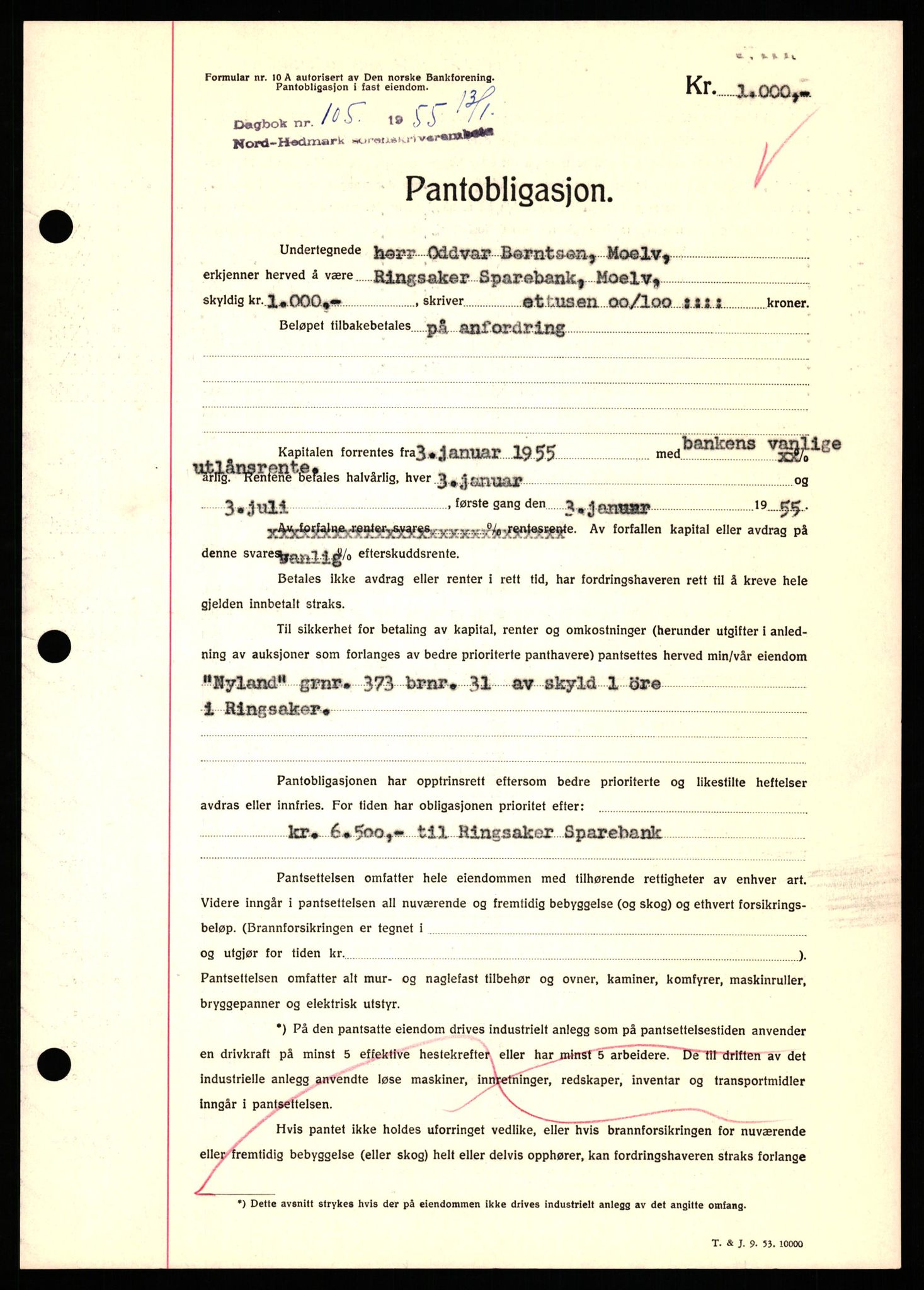 Nord-Hedmark sorenskriveri, SAH/TING-012/H/Hb/Hbf/L0032: Pantebok nr. B32, 1955-1955, Dagboknr: 105/1952