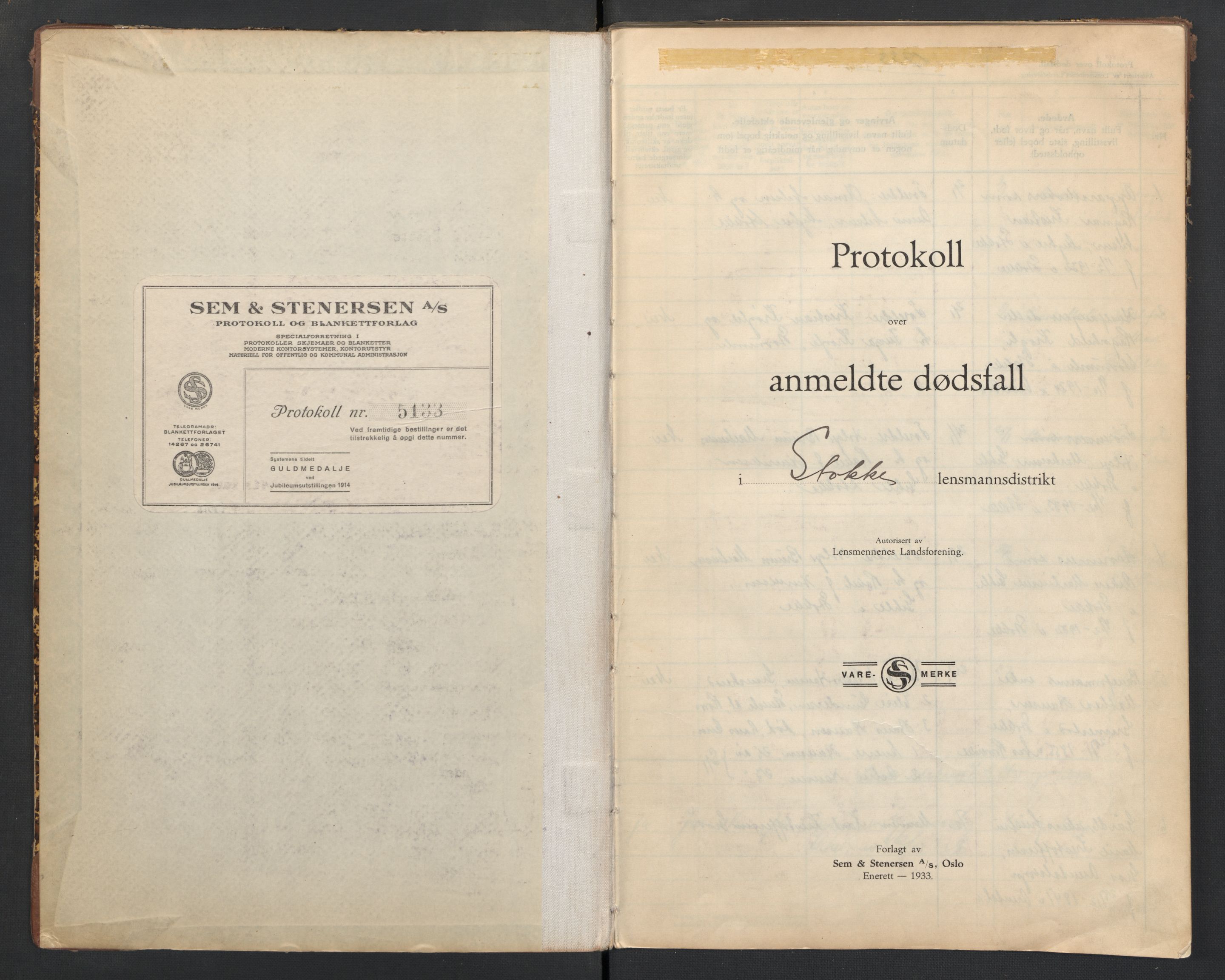 Stokke lensmannskontor, SAKO/A-550/H/Hb/L0005: Dødsfallsprotokoller, 1933-1939