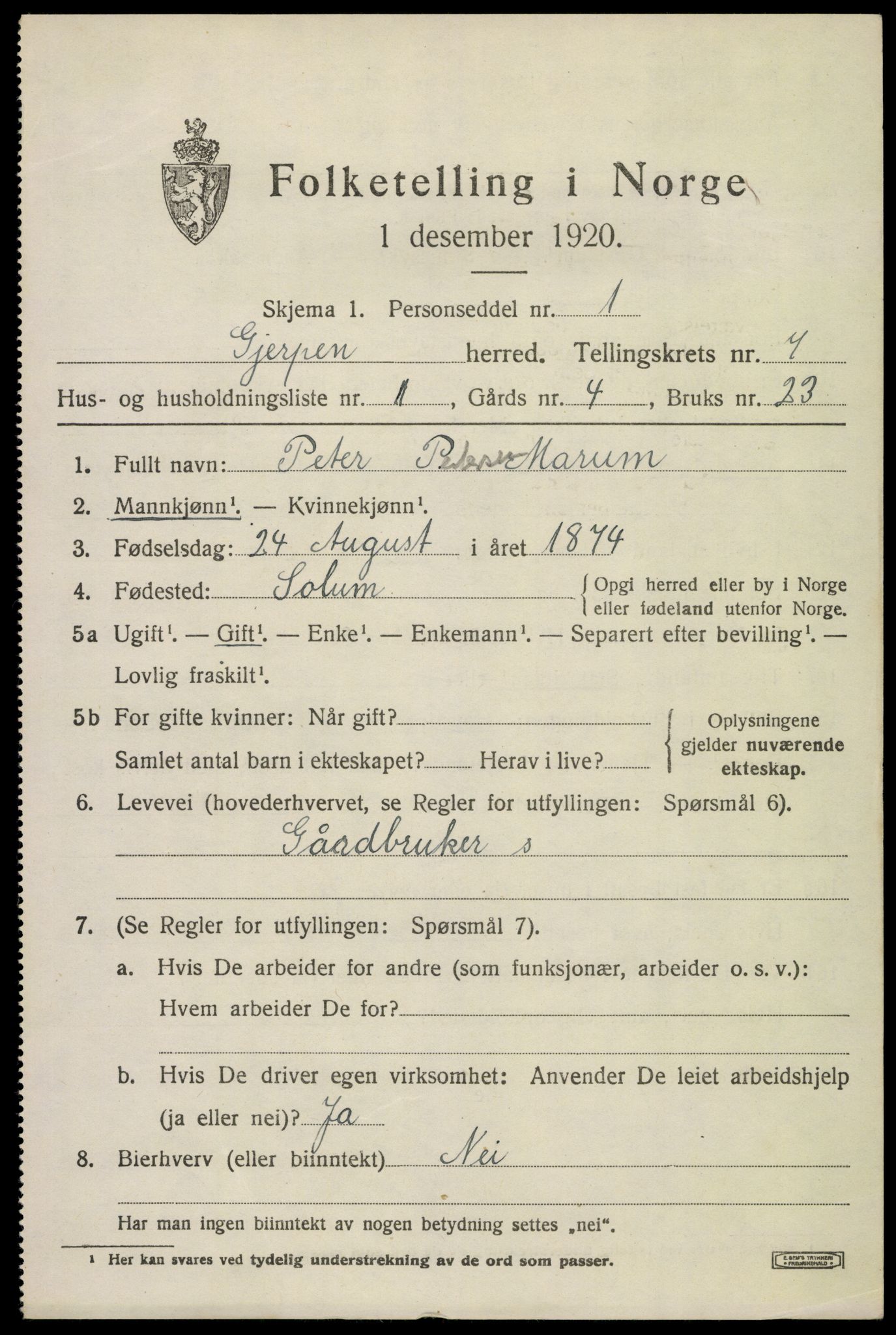 SAKO, Folketelling 1920 for 0812 Gjerpen herred, 1920, s. 7904