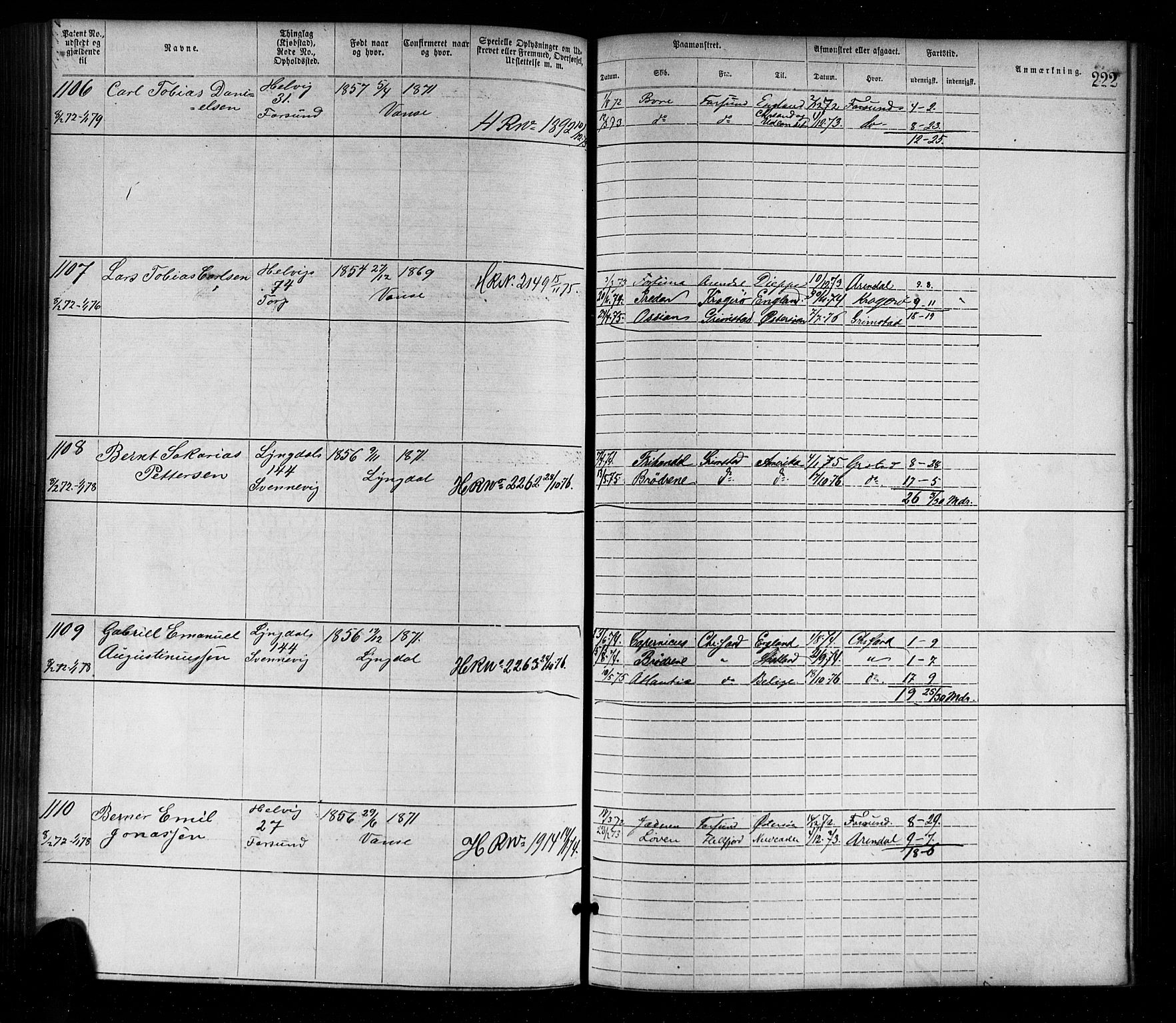 Farsund mønstringskrets, AV/SAK-2031-0017/F/Fa/L0001: Annotasjonsrulle nr 1-1920 med register, M-1, 1869-1877, s. 252