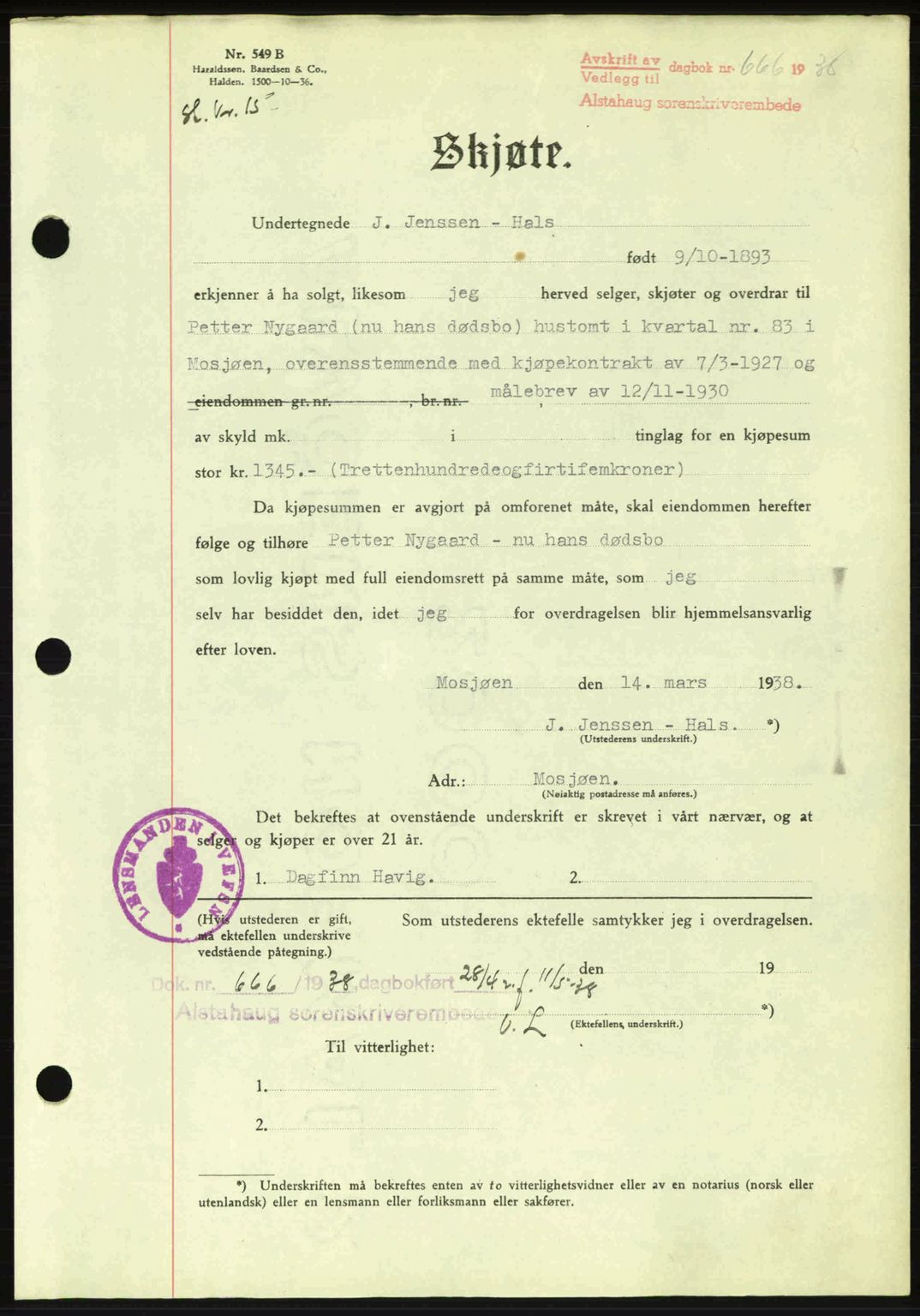 Alstahaug sorenskriveri, SAT/A-1009: Pantebok nr. A3, 1937-1938, Dagboknr: 666/1938