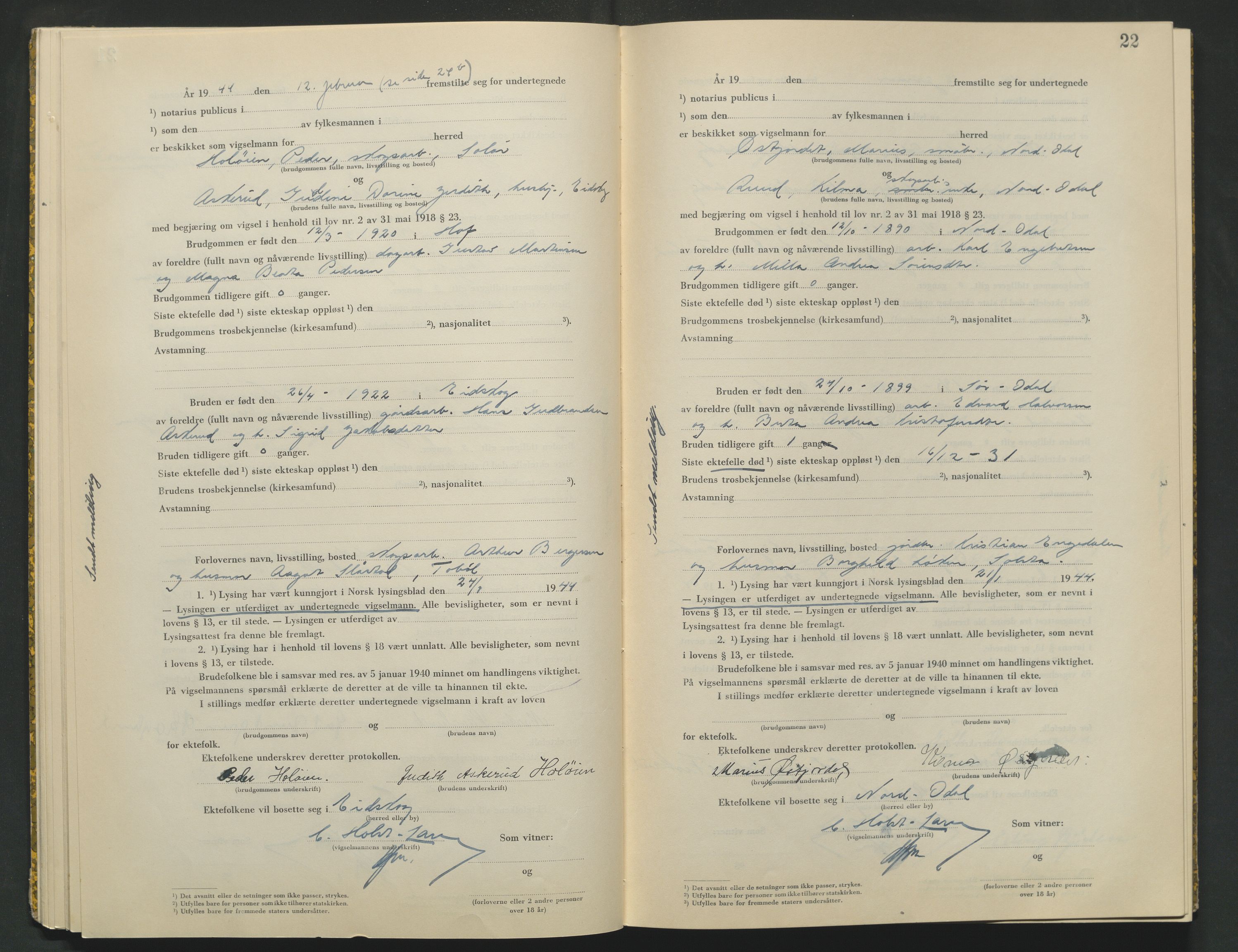 Vinger og Odal sorenskriveri, AV/SAH-TING-022/L/Lb/L0003: Vigselsprotokoll, 1943-1944, s. 22