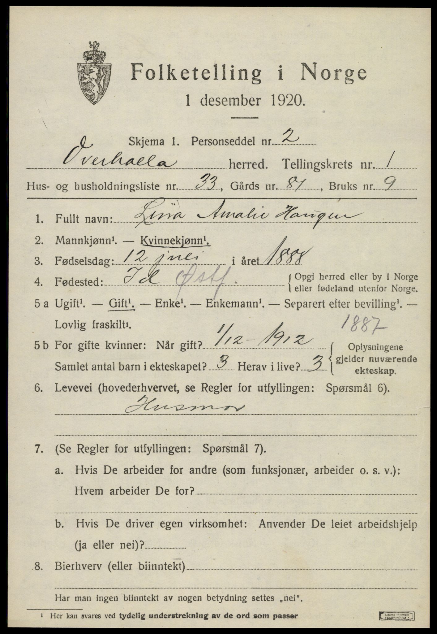 SAT, Folketelling 1920 for 1744 Overhalla herred, 1920, s. 1276