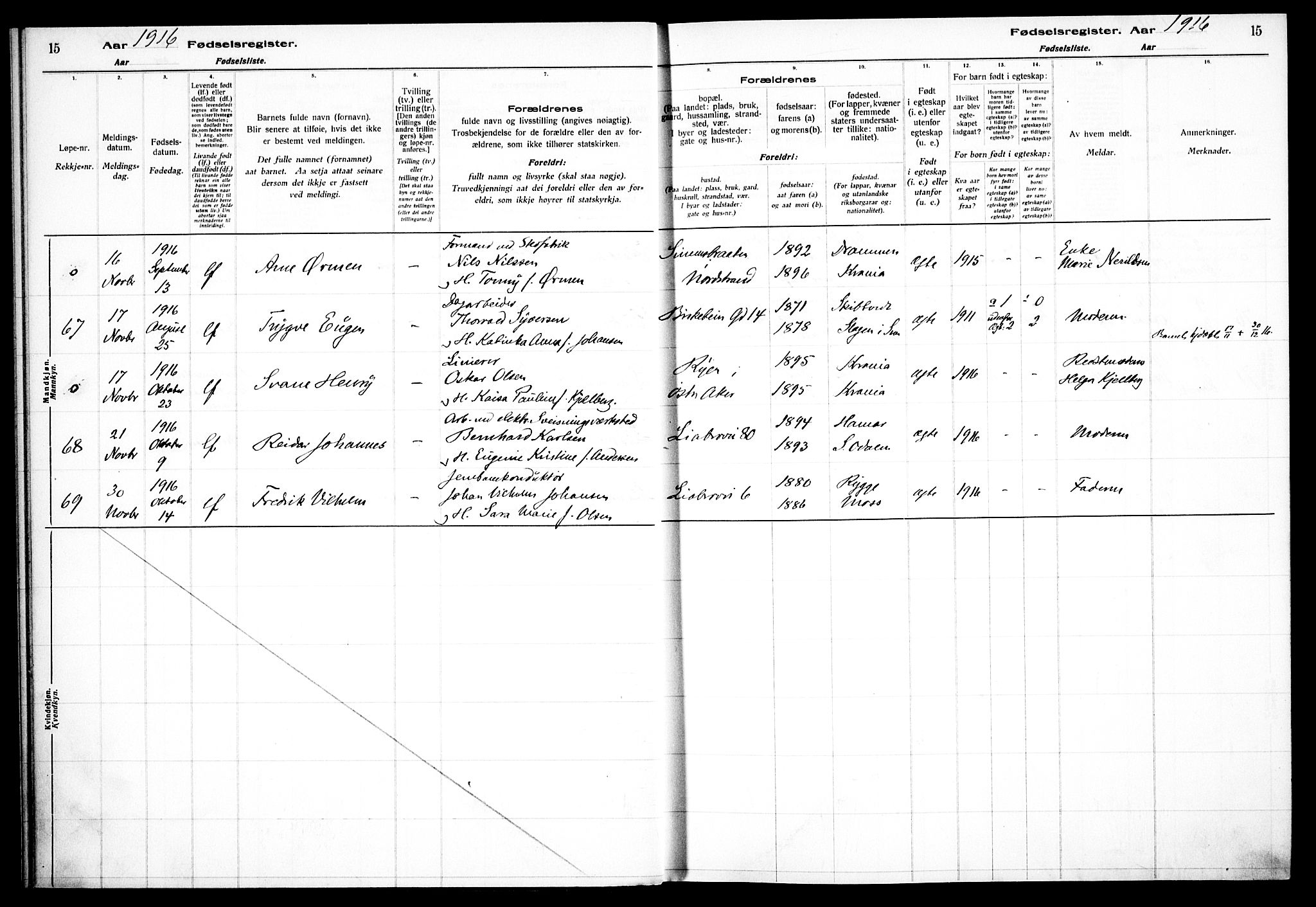 Gamlebyen prestekontor Kirkebøker, AV/SAO-A-10884/J/Ja/L0001: Fødselsregister nr. 1, 1916-1936, s. 15