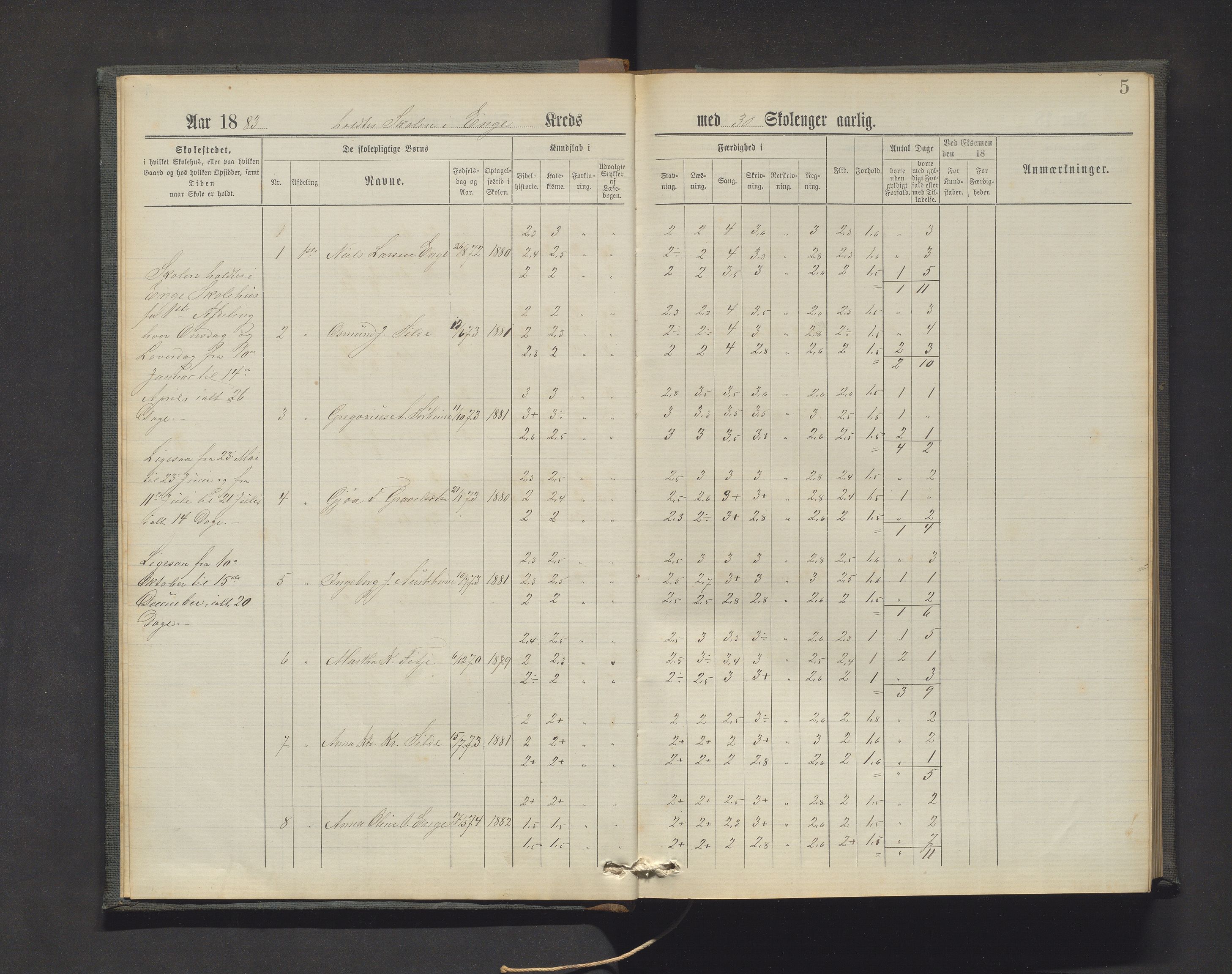 Etne kommune. Barneskulane, IKAH/1211-231/F/Ff/L0003: Skuleprotokoll for Enge skule, 1882-1906