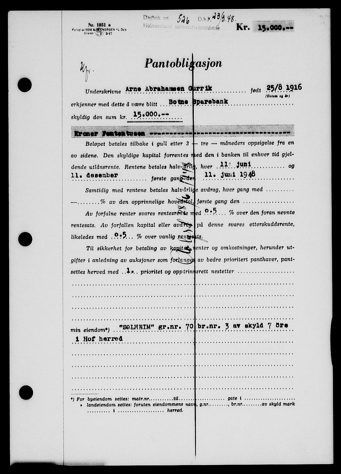 Holmestrand sorenskriveri, SAKO/A-67/G/Ga/Gab/L0058: Pantebok nr. B-58, 1947-1948, Dagboknr: 526/1948
