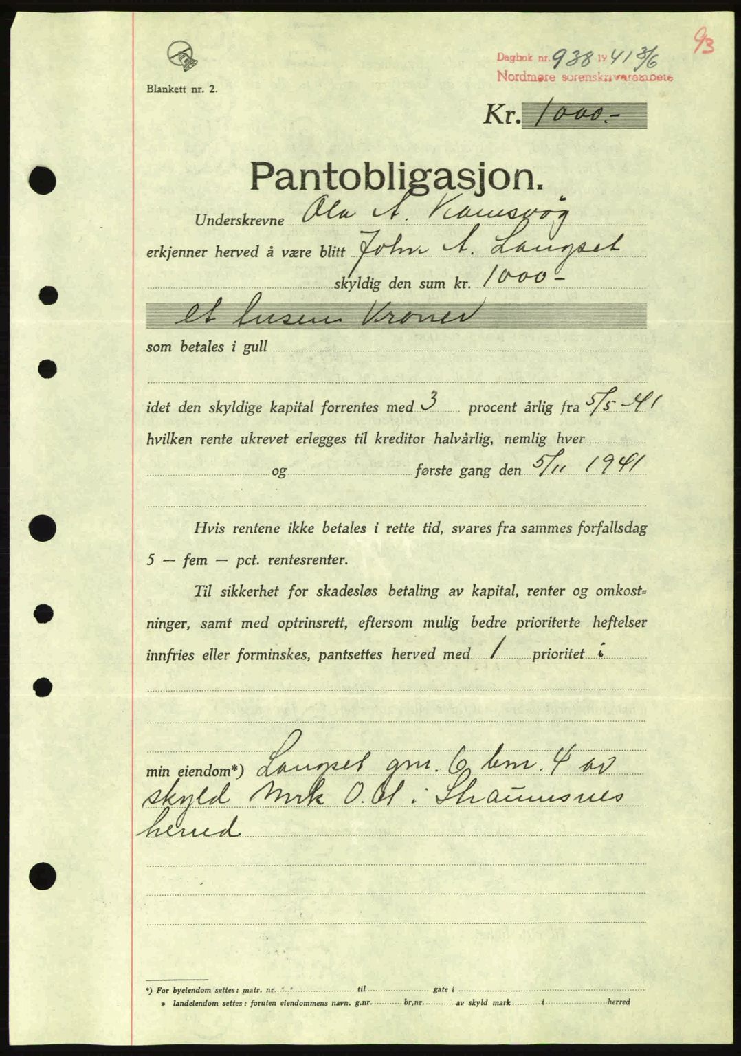 Nordmøre sorenskriveri, SAT/A-4132/1/2/2Ca: Pantebok nr. B88, 1941-1942, Dagboknr: 938/1941