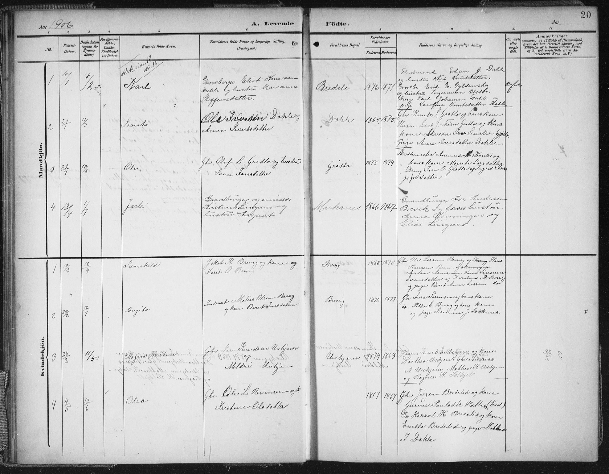 Ministerialprotokoller, klokkerbøker og fødselsregistre - Møre og Romsdal, SAT/A-1454/545/L0589: Klokkerbok nr. 545C03, 1902-1937, s. 20