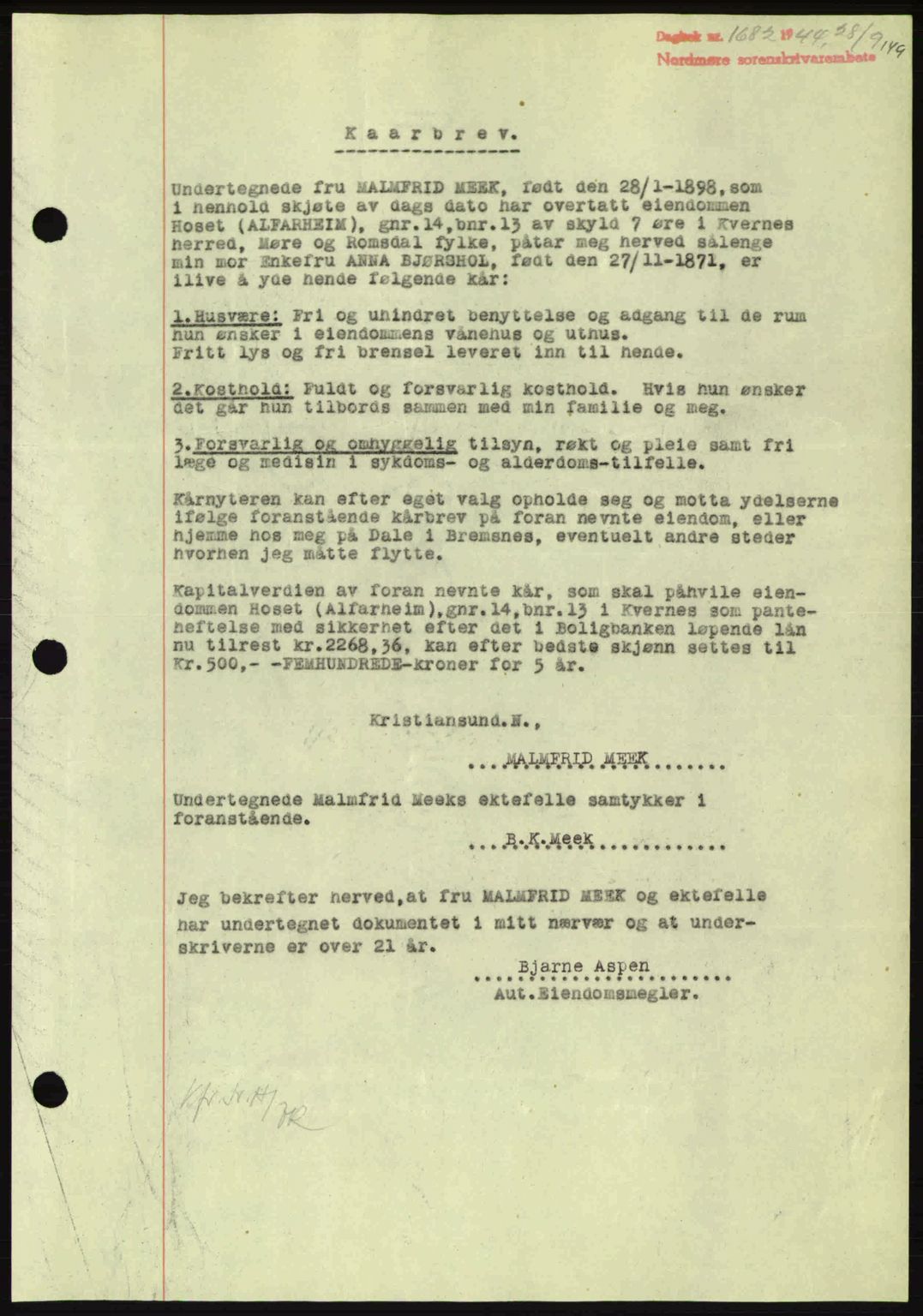 Nordmøre sorenskriveri, AV/SAT-A-4132/1/2/2Ca: Pantebok nr. B92, 1944-1945, Dagboknr: 1682/1944