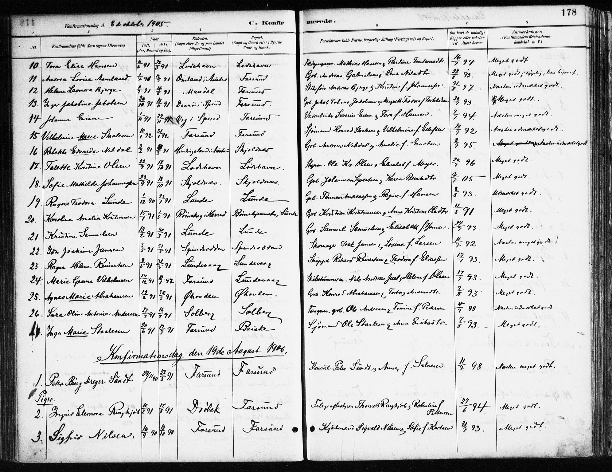 Farsund sokneprestkontor, AV/SAK-1111-0009/F/Fa/L0006: Ministerialbok nr. A 6, 1887-1920, s. 178