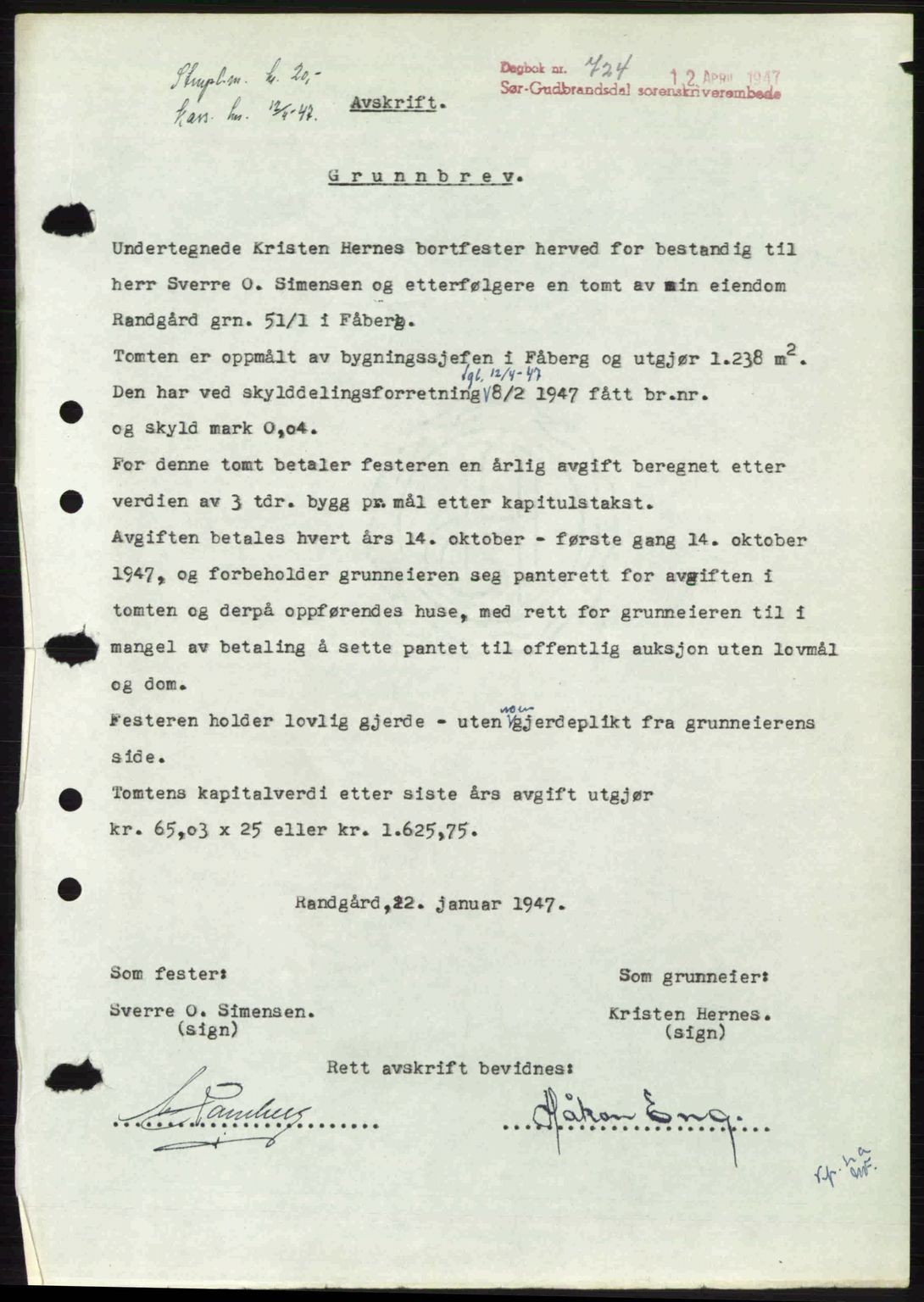 Sør-Gudbrandsdal tingrett, SAH/TING-004/H/Hb/Hbd/L0018: Pantebok nr. A18, 1947-1947, Dagboknr: 724/1947