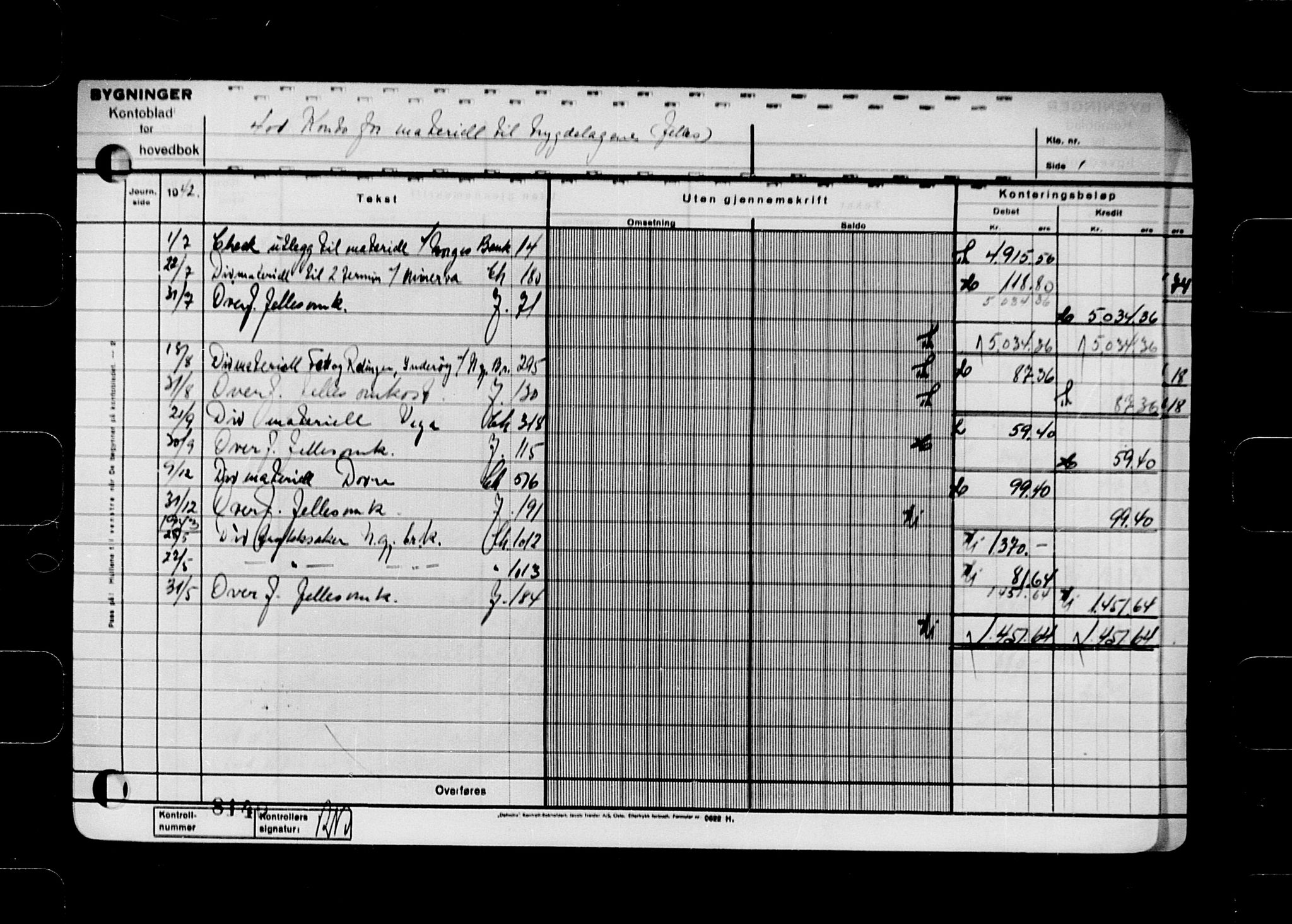 Krigsskadetrygdene for bygninger og løsøre, AV/RA-S-1548/V/L0048/0003: -- / 3. Hovedbok. Bygning. (1942-1943) negativ, 1942-1943