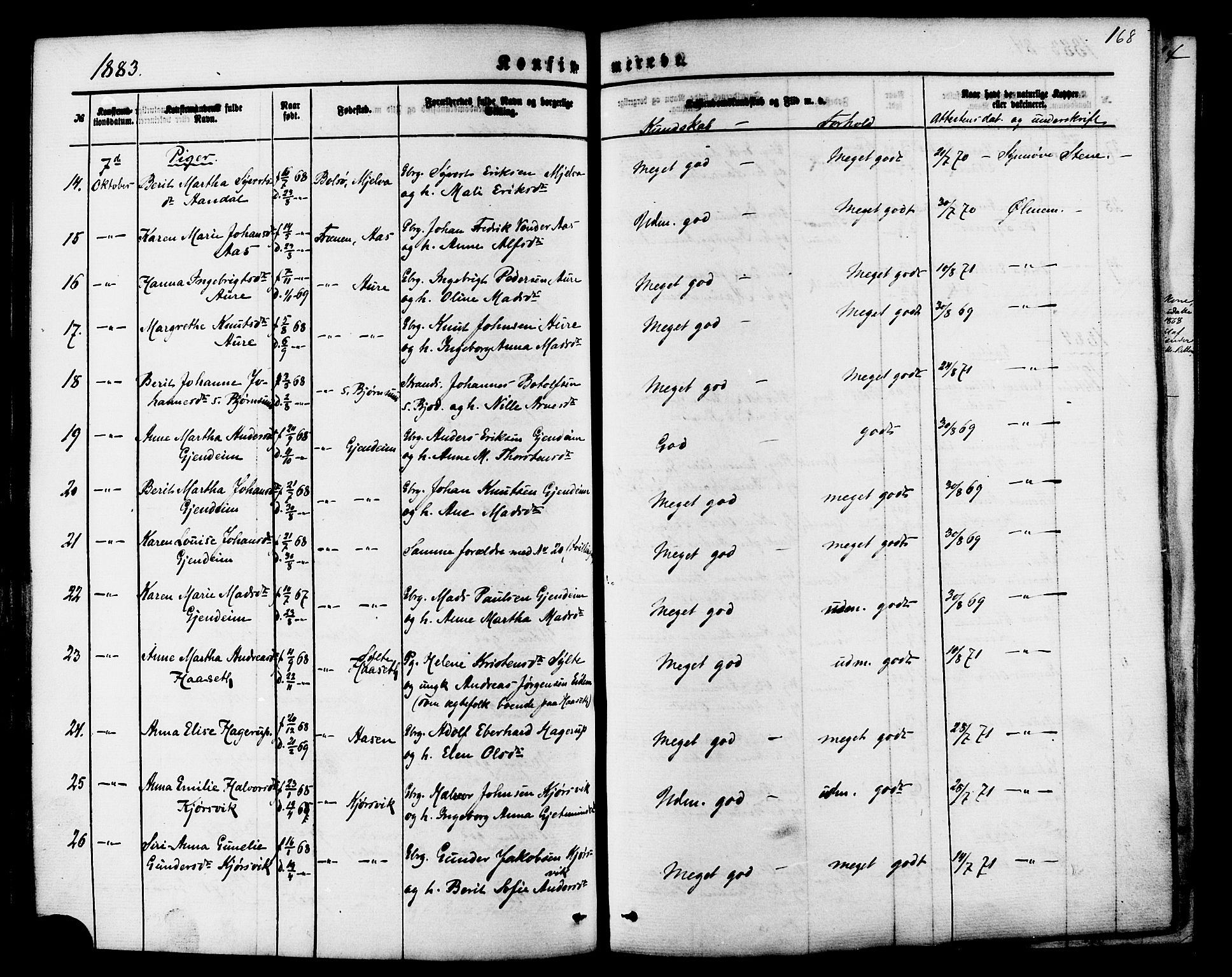 Ministerialprotokoller, klokkerbøker og fødselsregistre - Møre og Romsdal, AV/SAT-A-1454/565/L0749: Ministerialbok nr. 565A03, 1871-1886, s. 168