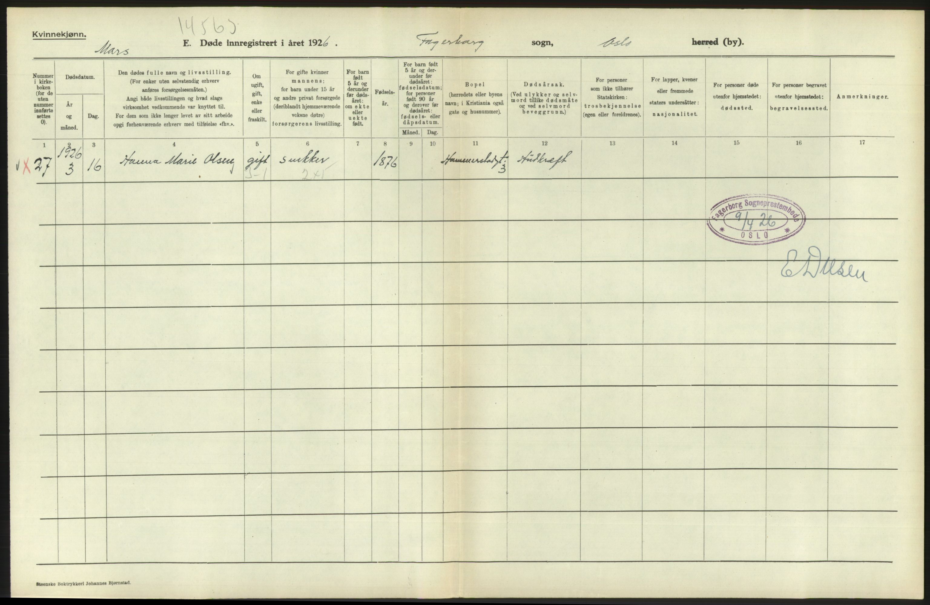 Statistisk sentralbyrå, Sosiodemografiske emner, Befolkning, AV/RA-S-2228/D/Df/Dfc/Dfcf/L0010: Oslo: Døde kvinner, dødfødte, 1926, s. 168