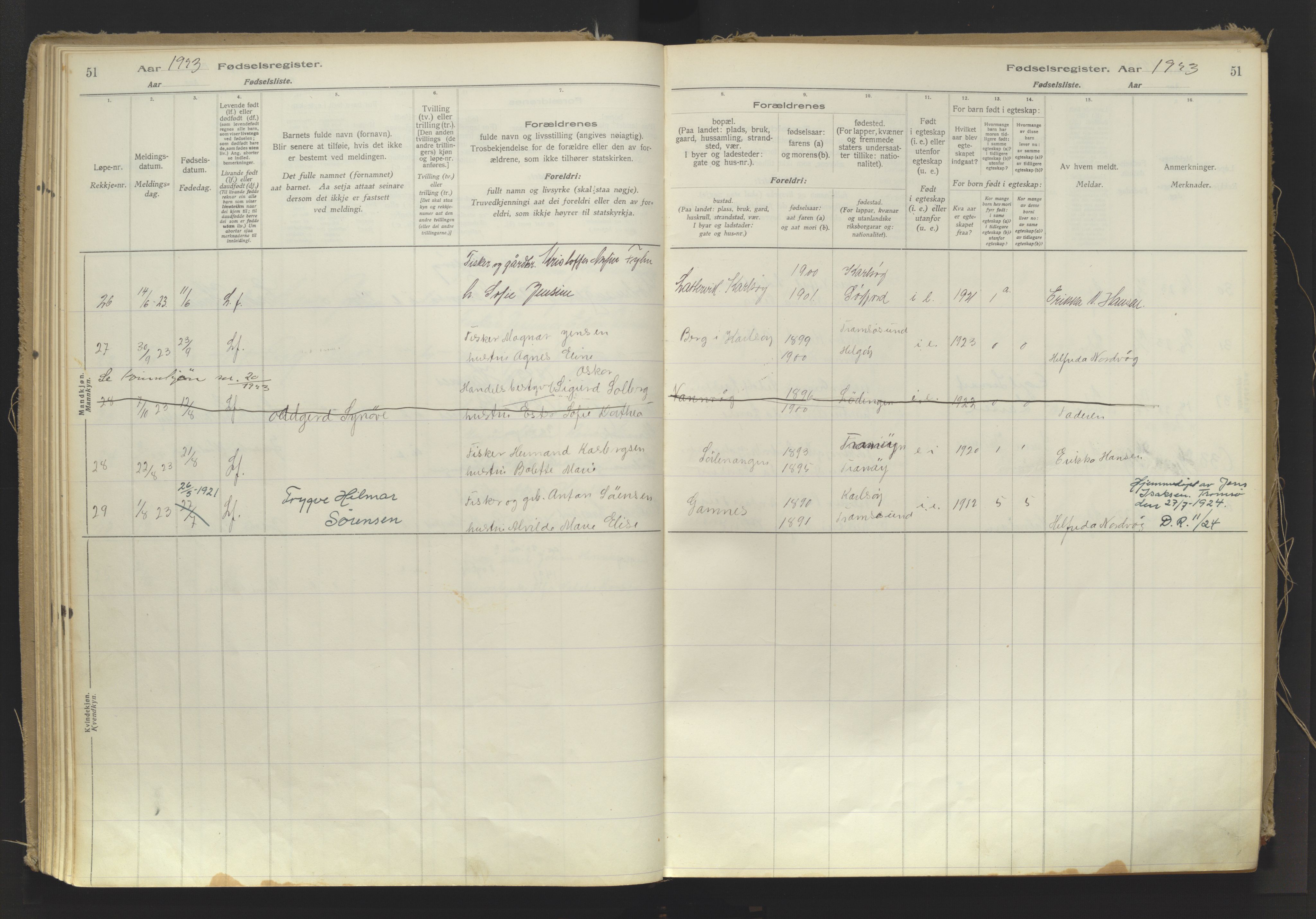 Karlsøy sokneprestembete, AV/SATØ-S-1299/I/Ic/L0064: Fødselsregister nr. 64, 1916-1943, s. 51