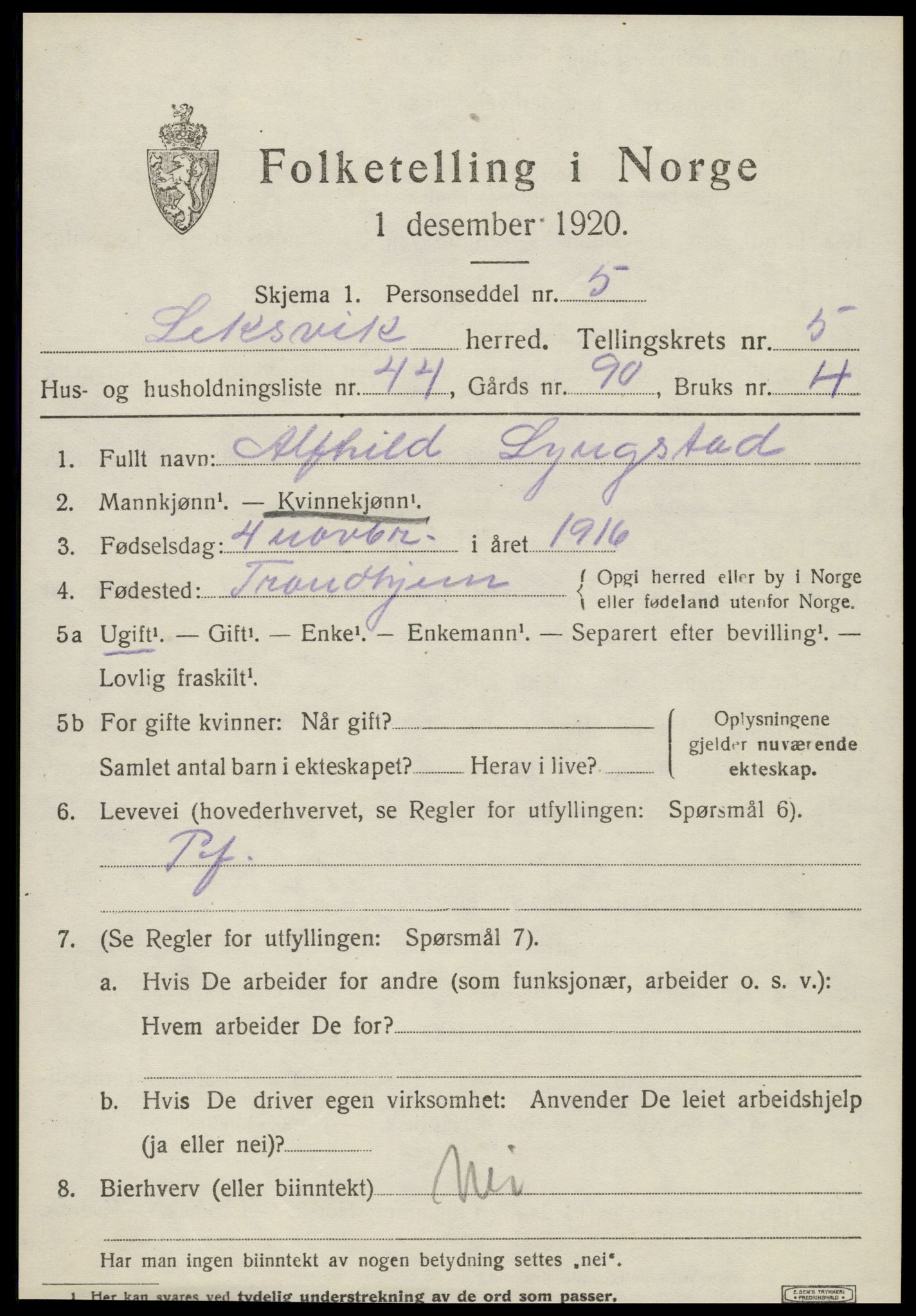 SAT, Folketelling 1920 for 1718 Leksvik herred, 1920, s. 5372