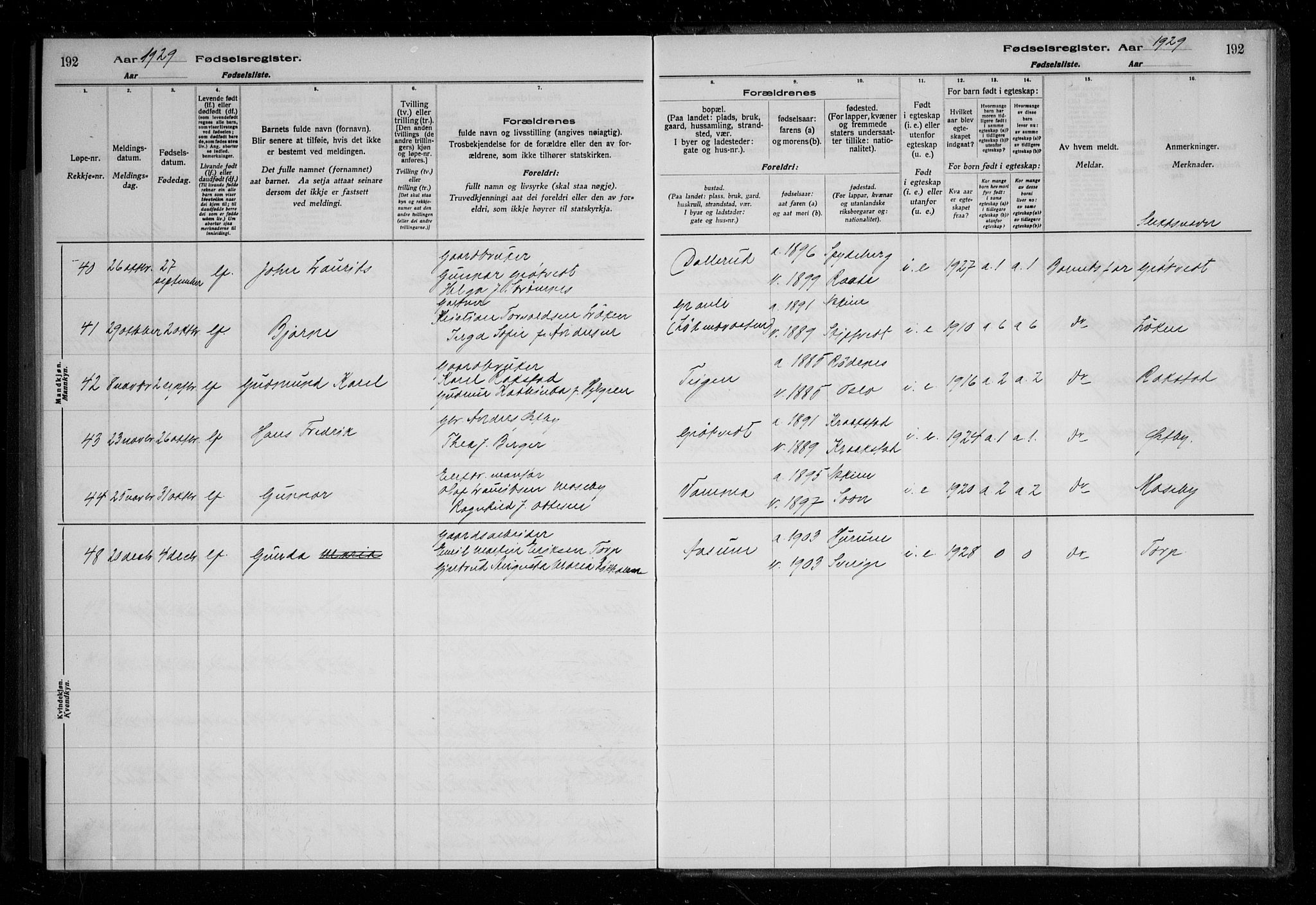 Askim prestekontor Kirkebøker, AV/SAO-A-10900/J/Ja/L0001: Fødselsregister nr. 1, 1916-1929, s. 192