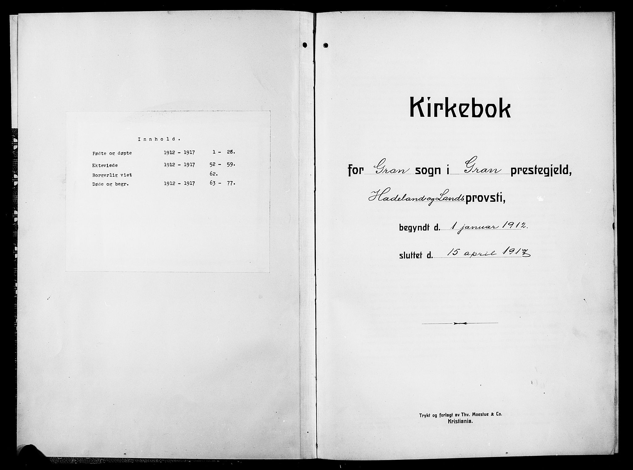 Gran prestekontor, SAH/PREST-112/H/Ha/Hab/L0007: Klokkerbok nr. 7, 1912-1917