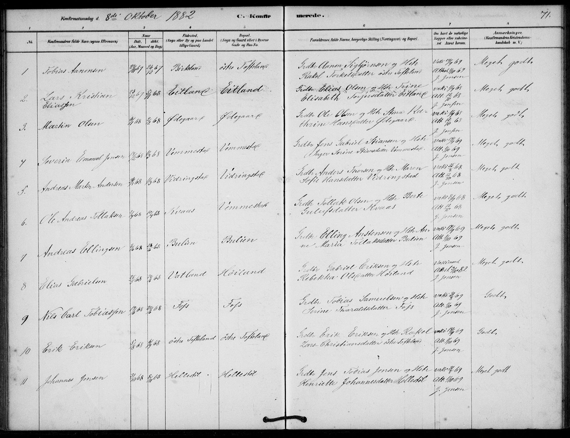 Lyngdal sokneprestkontor, AV/SAK-1111-0029/F/Fa/Fab/L0003: Ministerialbok nr. A 3, 1878-1903, s. 71