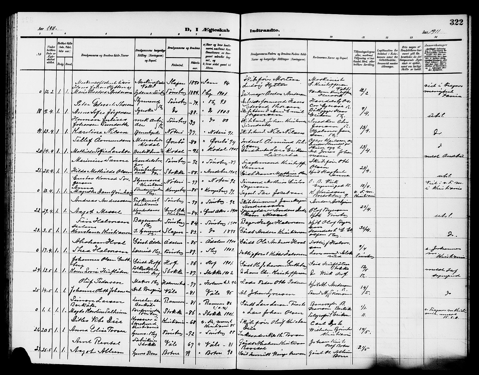 Tønsberg kirkebøker, AV/SAKO-A-330/G/Ga/L0008: Klokkerbok nr. 8, 1905-1912, s. 322