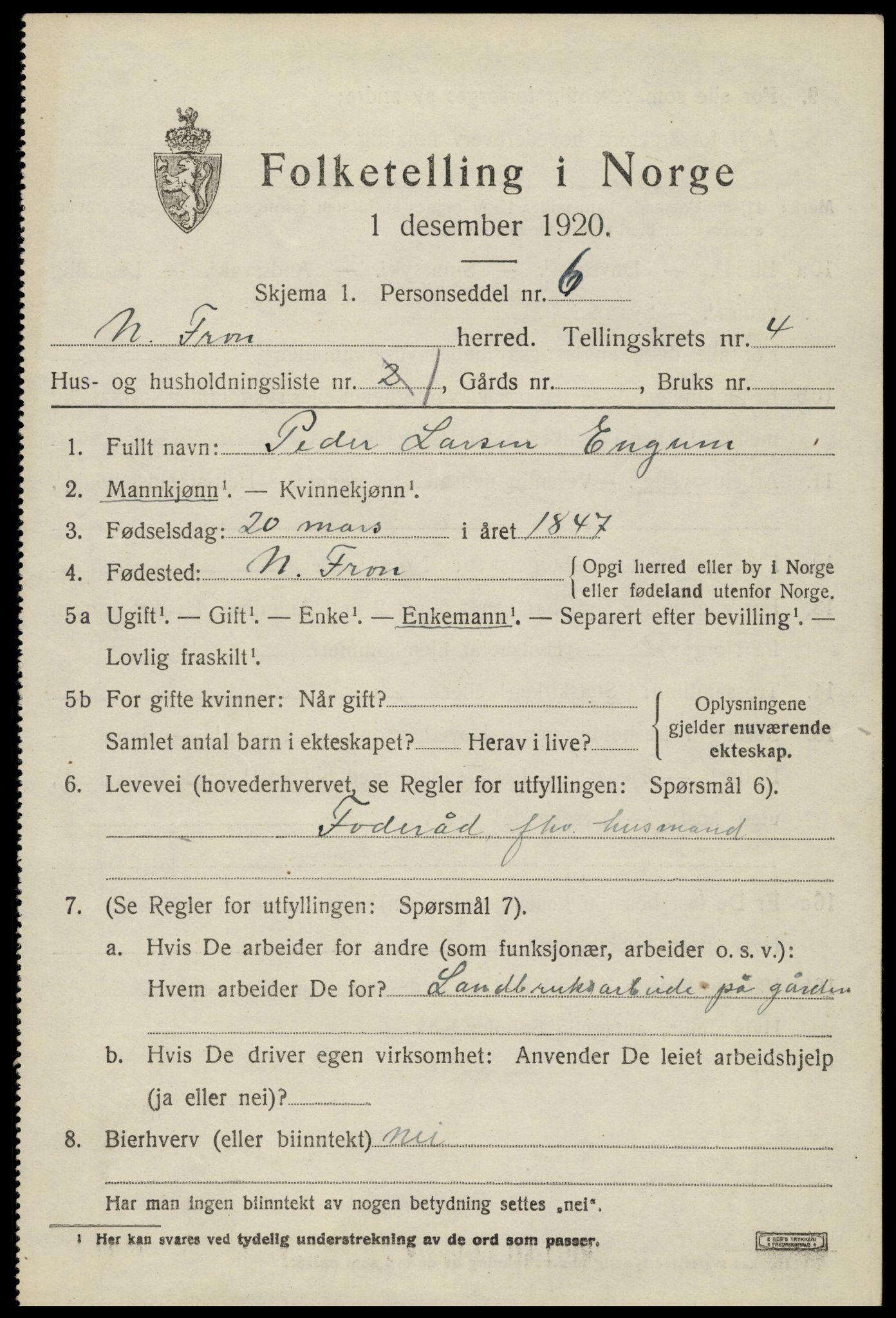 SAH, Folketelling 1920 for 0518 Nord-Fron herred, 1920, s. 4036