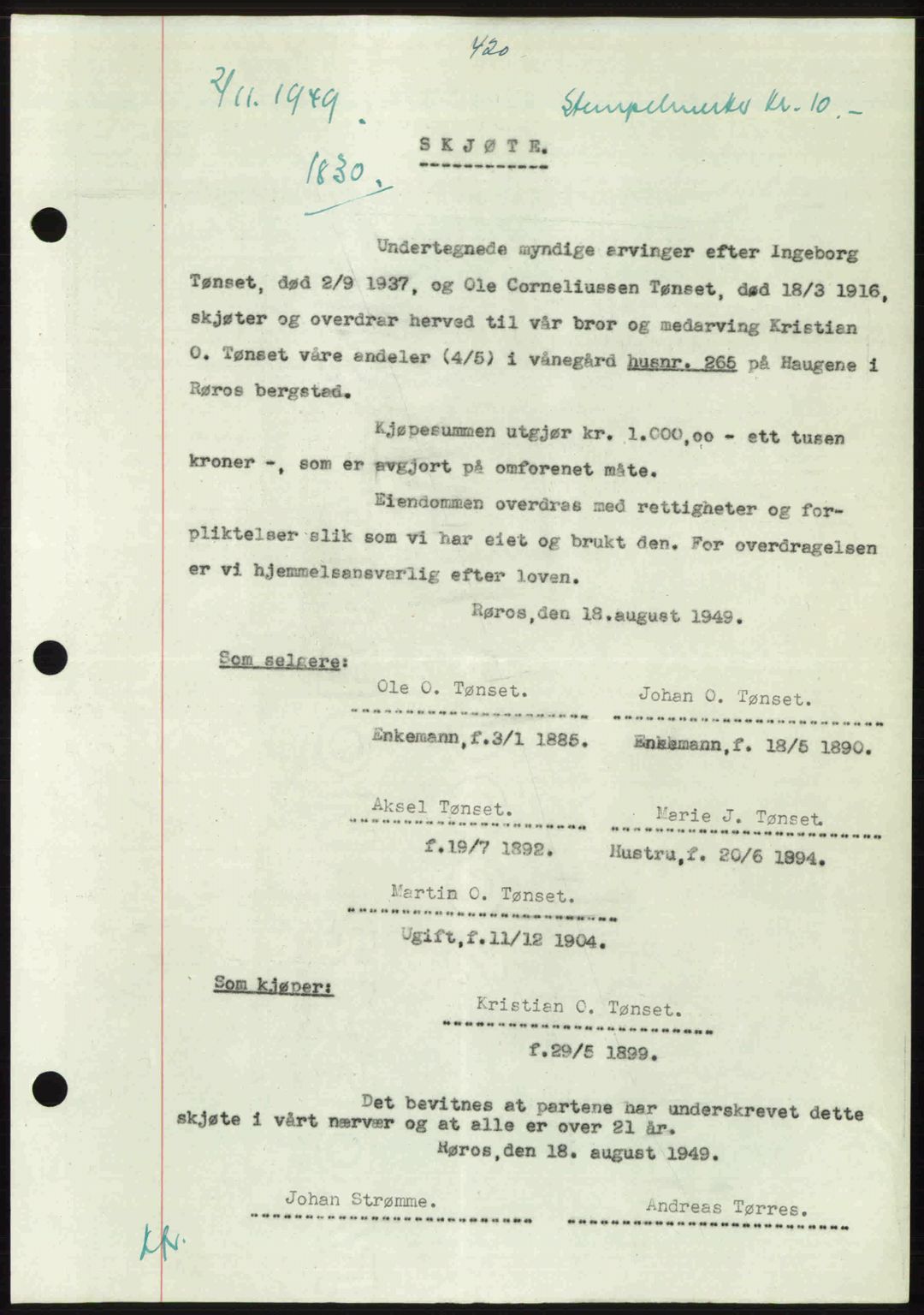 Gauldal sorenskriveri, SAT/A-0014/1/2/2C: Pantebok nr. A9, 1949-1950, Dagboknr: 1830/1949