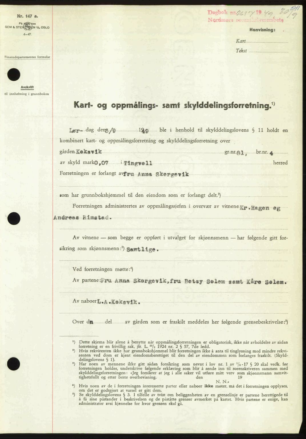 Nordmøre sorenskriveri, SAT/A-4132/1/2/2Ca: Pantebok nr. A112, 1949-1949, Dagboknr: 2687/1949
