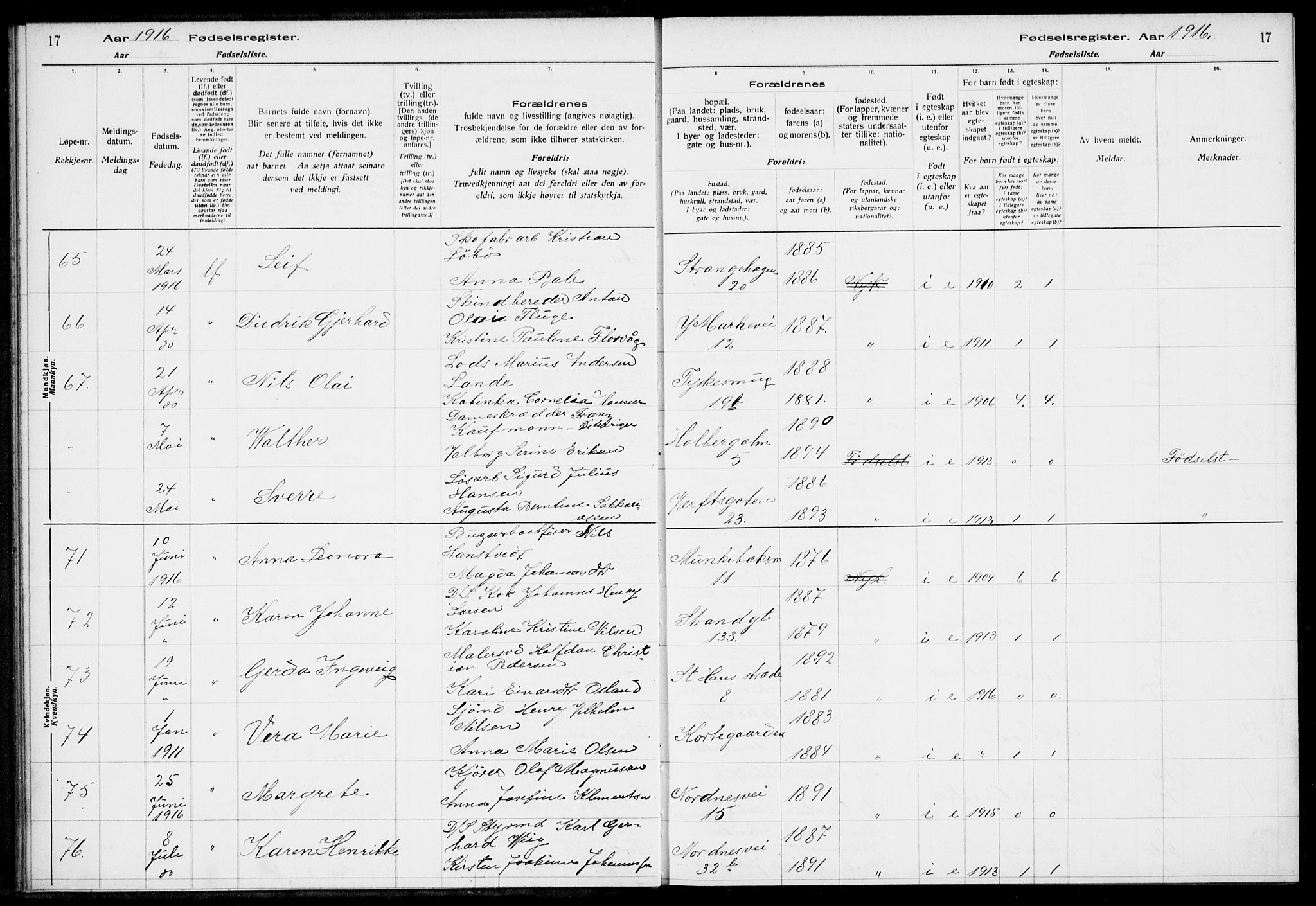 Nykirken Sokneprestembete, AV/SAB-A-77101/I/Id/L00A1: Fødselsregister nr. A 1, 1916-1922, s. 17